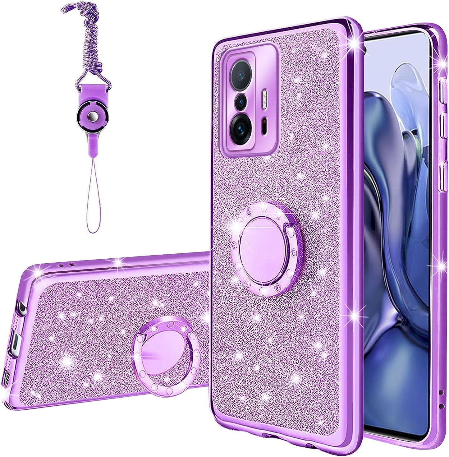 For Xiaomi Mi 11T Case, Xiaomi 11T Pro Case with Minimalist Credit Card Holder Slot TPU Soft TPU Silicone Scratch-Resistant Slim Card Slot Wallet Case Protective Cover for Xiaomi 11T Pro/Mi 11T-Purple  TSAYGFK Glitter Purple  
