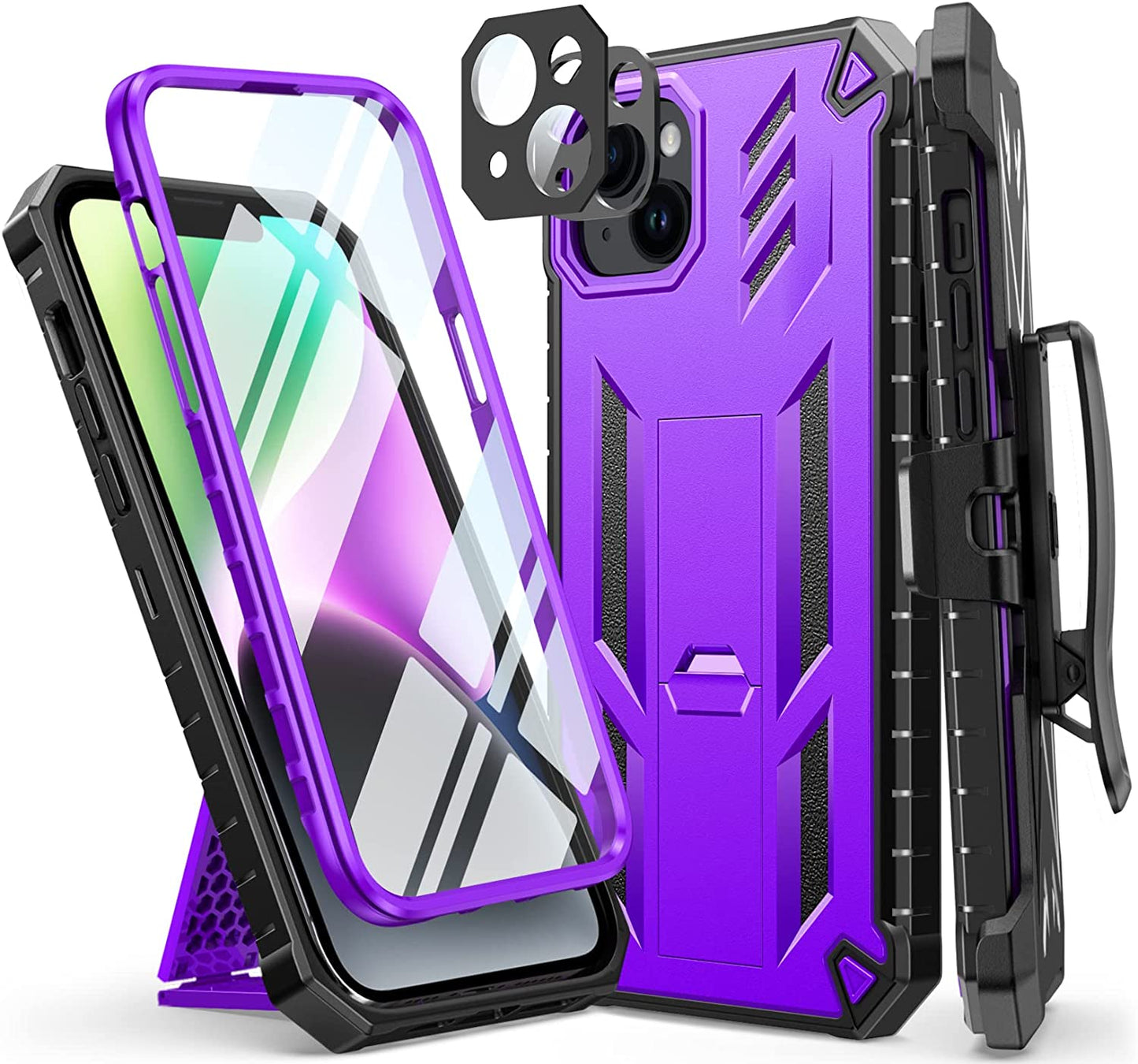 FNTCASE for Iphone 14Plus Phone Case: Rugged Protective Belt Clip Holster Heavy Duty with Built in Kickstand - 360 Protection Shockproof Cover for Apple Iphone 14 plus Cases, 6.7Inch (Matte Black)  iPhone 14 Plus cases Black Purple  