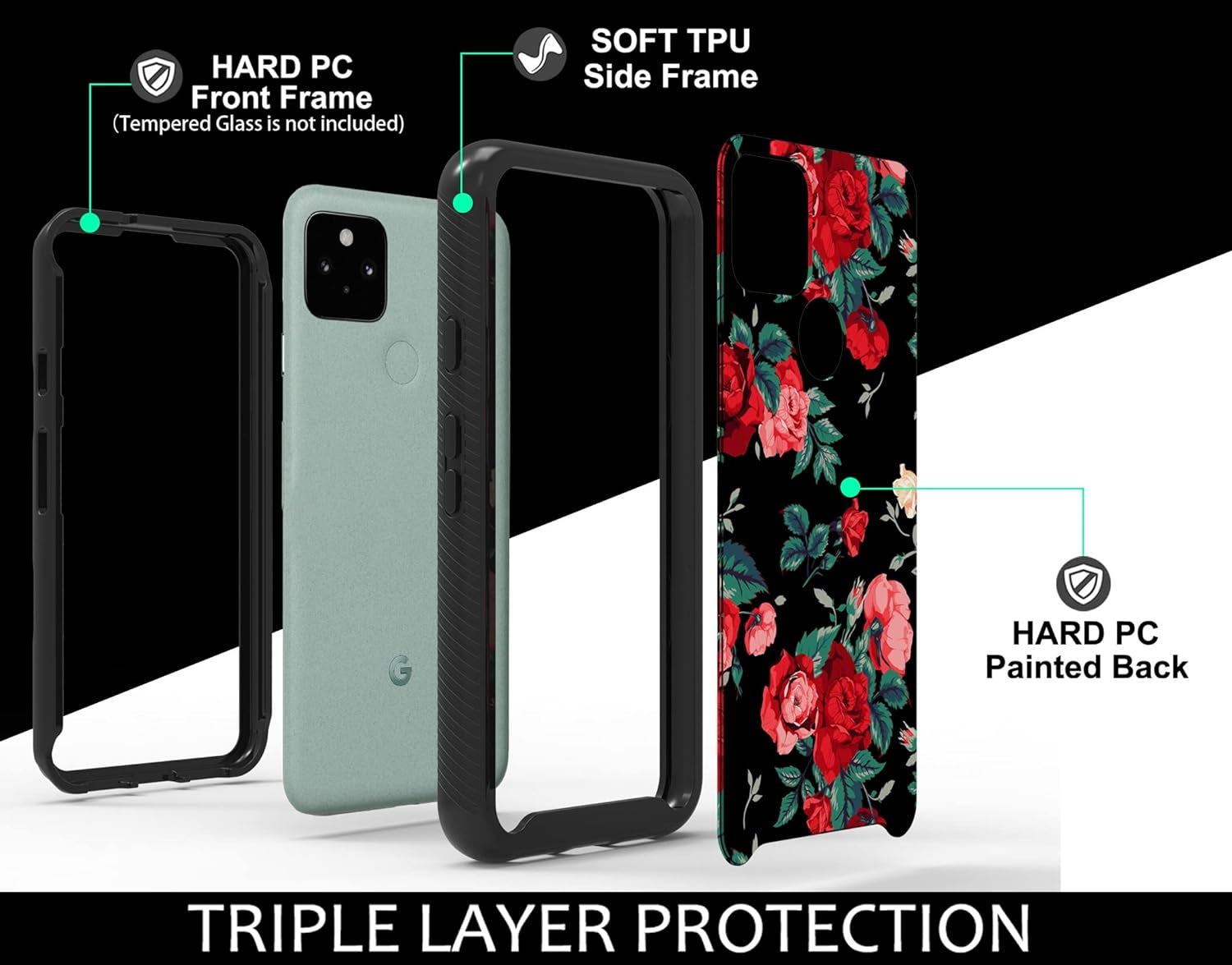 MGAH Pixel 5 Case with Roses Design,Google Pixel 5 Phone Case,Hybrid Triple Layer Armored Protective Cover Flexible Sturdy Anti-Scratch Shockproof Bumper Cute Case for Women and Girls-Flowers/Black  MGAH   