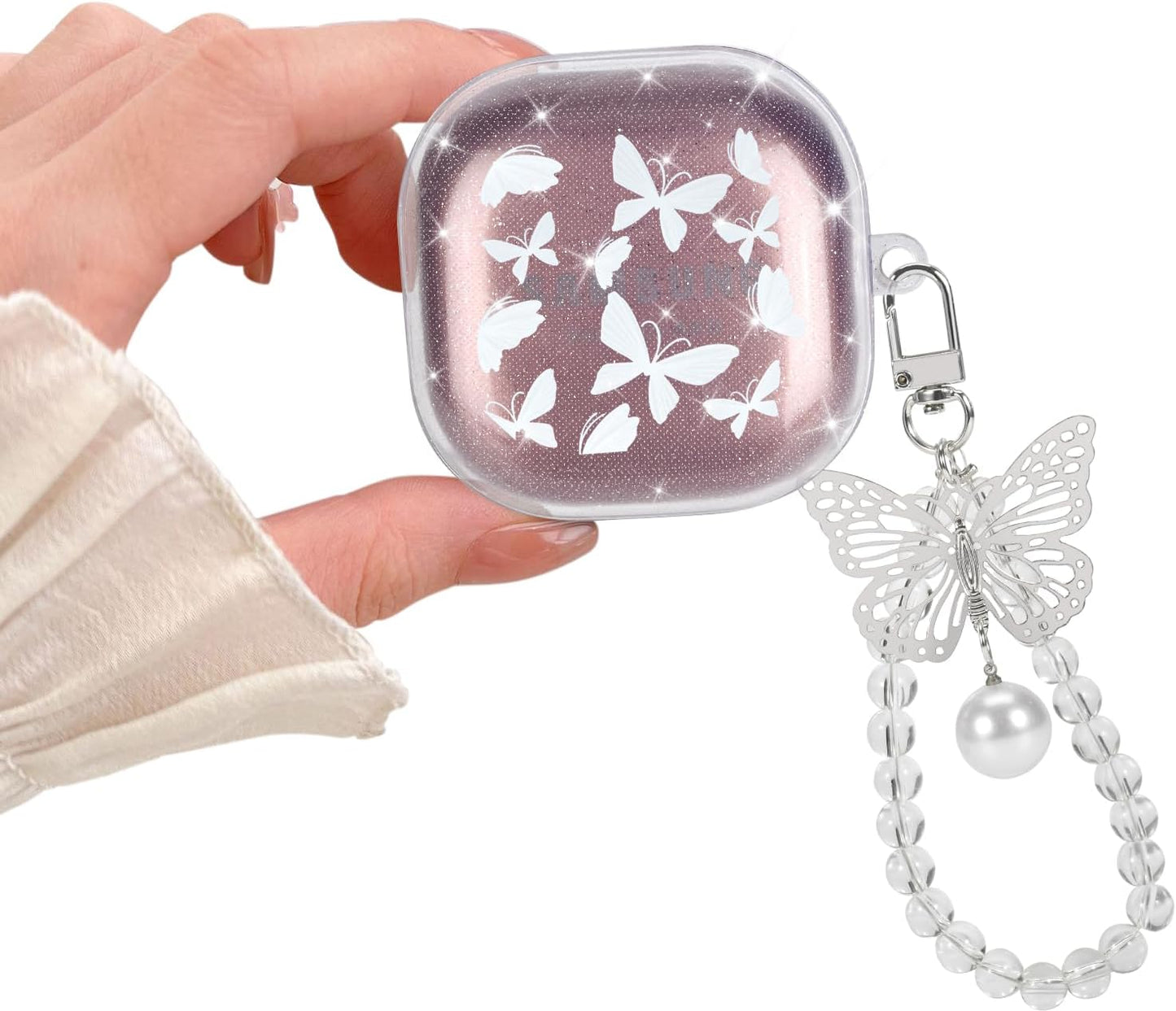 Cute Sparkle Case for Samsung Galaxy Buds 2 Pro(2022)/Galaxy Buds Pro/Buds 2/Buds Live with White Pearl Wrist Keychain for Women Girls Kids Clear Bling Glitter Protective Soft Silicone Cover  DiyGody Butterfly  