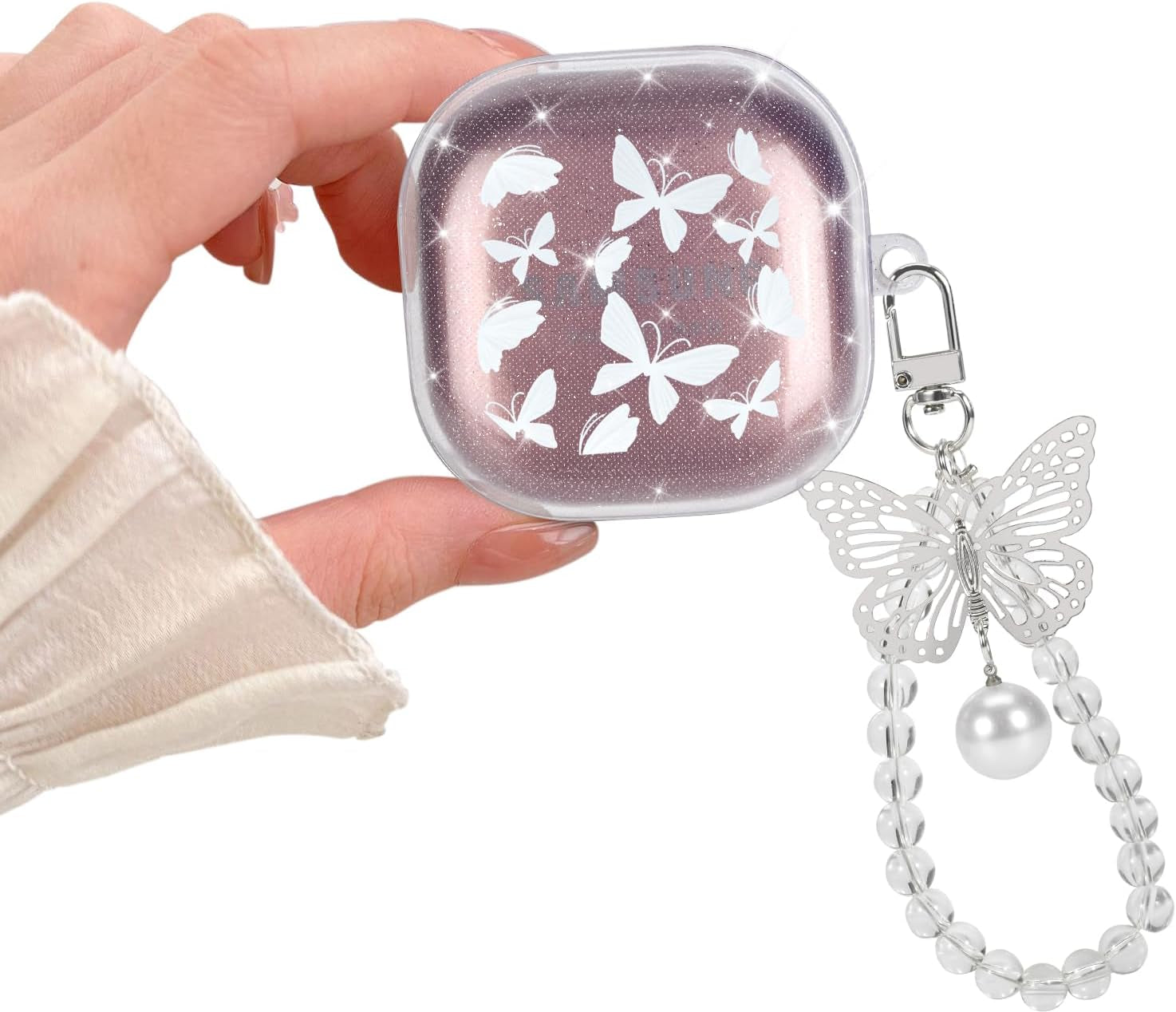 Cute Sparkle Case for Samsung Galaxy Buds 2 Pro(2022)/Galaxy Buds Pro/Buds 2/Buds Live with White Pearl Wrist Keychain for Women Girls Kids Clear Bling Glitter Protective Soft Silicone Cover  DiyGody Butterfly  