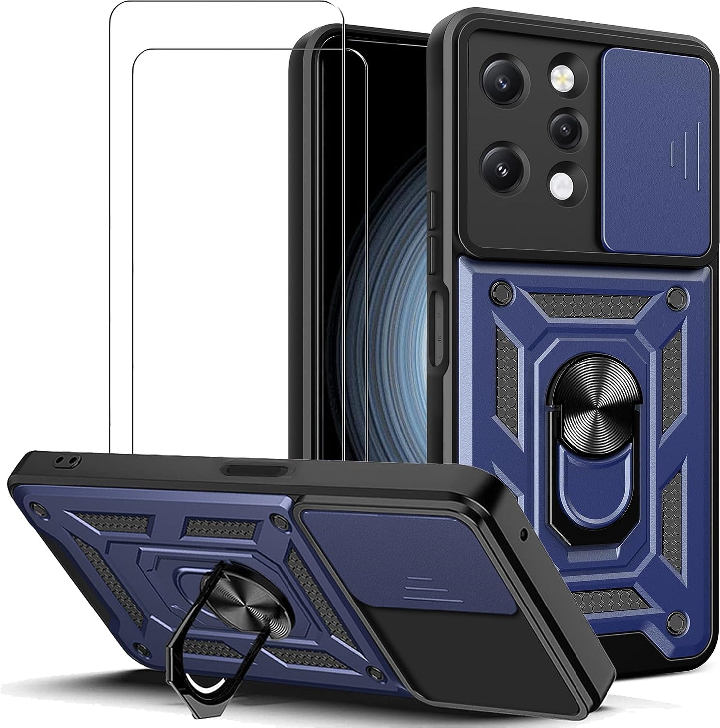 ZMONE Phone Case for Xiaomi Redmi 12 4G Case with Glass Screen Protector, [2 Pack] Built Slide Camera Protection Cover,Military Heavy Duty Full Body Protective Phone Case - Black  Chengmi Blue  