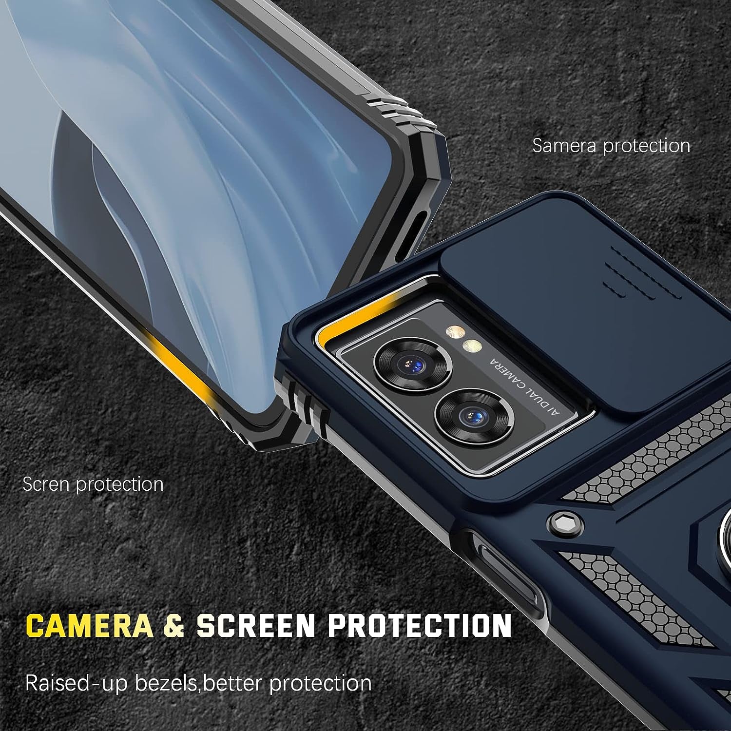 Oneplus Nord N300 5G Case + Tempered Glass Screen Protector with Kickstand & Slide Lens Protector Cover,Heavy Duty Armor Shockproof Rugged Military Grade Protective Case for Oneplus N300 5G (Navy)  Dretal   