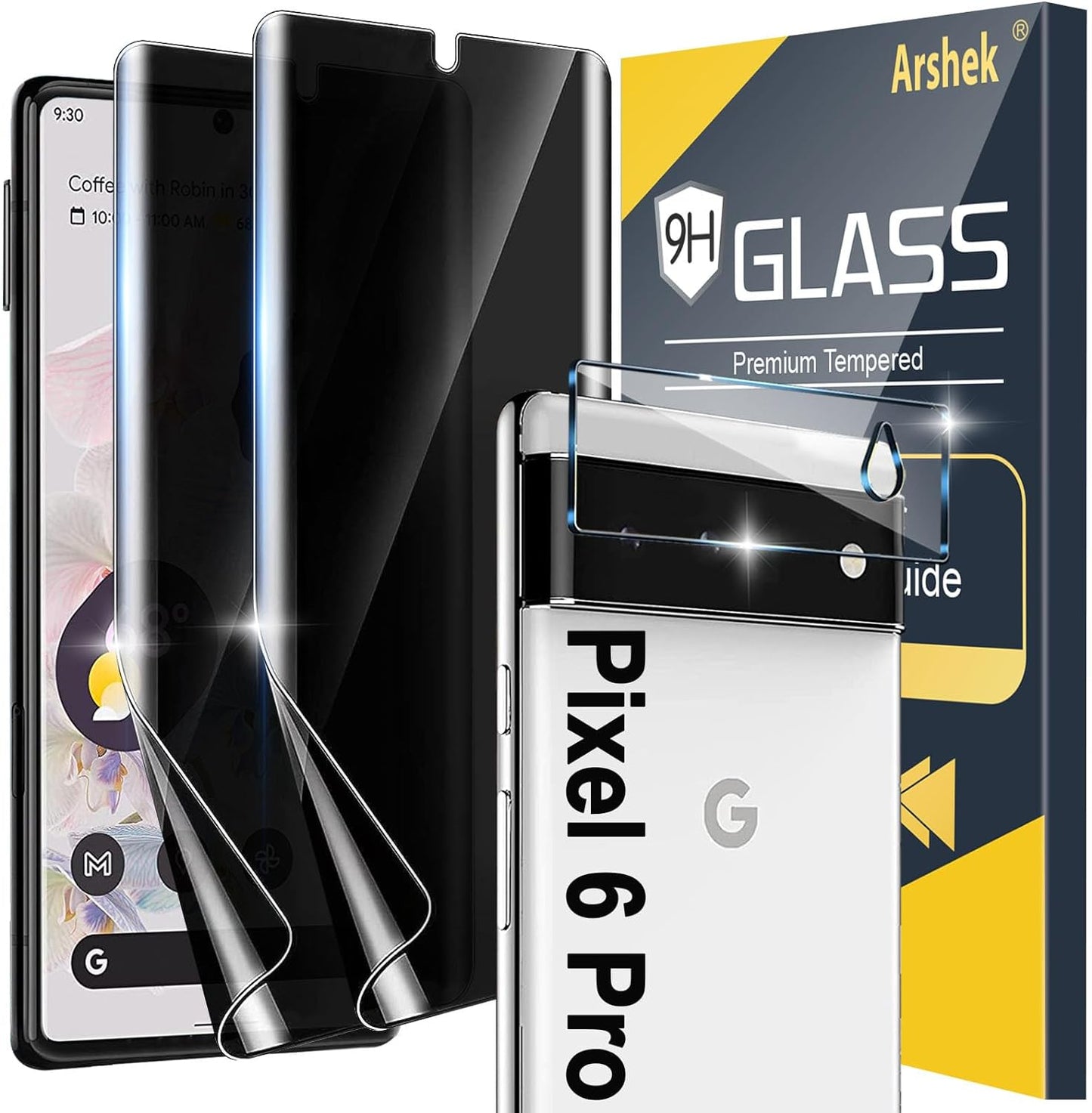 [2+1 Pack] for Google Pixel 6 Pro Privacy Screen Protector, Fingerprint Unlock, 3D Curved, HD Clear Anti-Spy Film for Google Pixel 6 Pro 5G Tempered Glass Camera Screen Protector  Arshek   