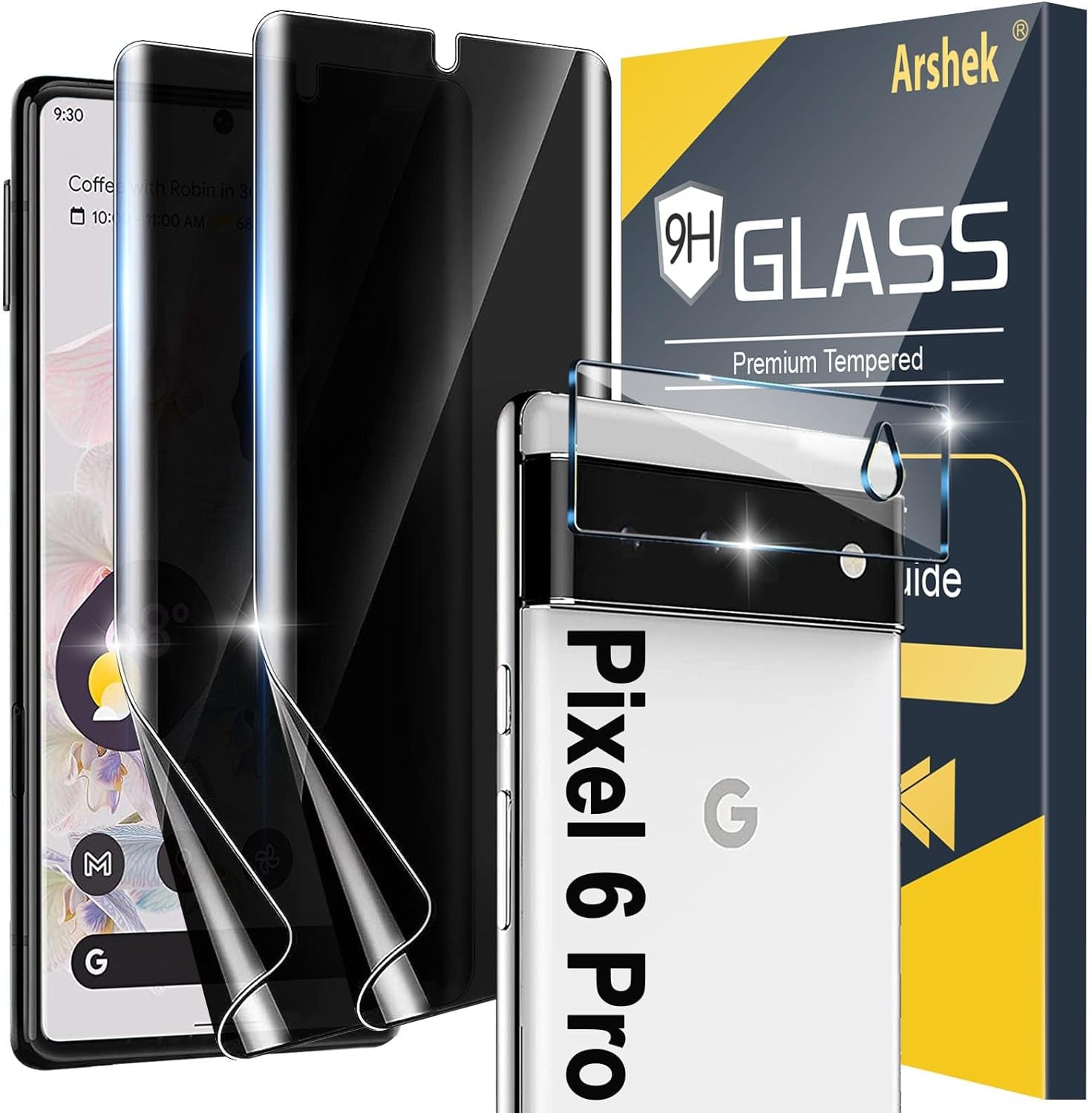 [2+1 Pack] for Google Pixel 6 Pro Privacy Screen Protector, Fingerprint Unlock, 3D Curved, HD Clear Anti-Spy Film for Google Pixel 6 Pro 5G Tempered Glass Camera Screen Protector  Arshek   