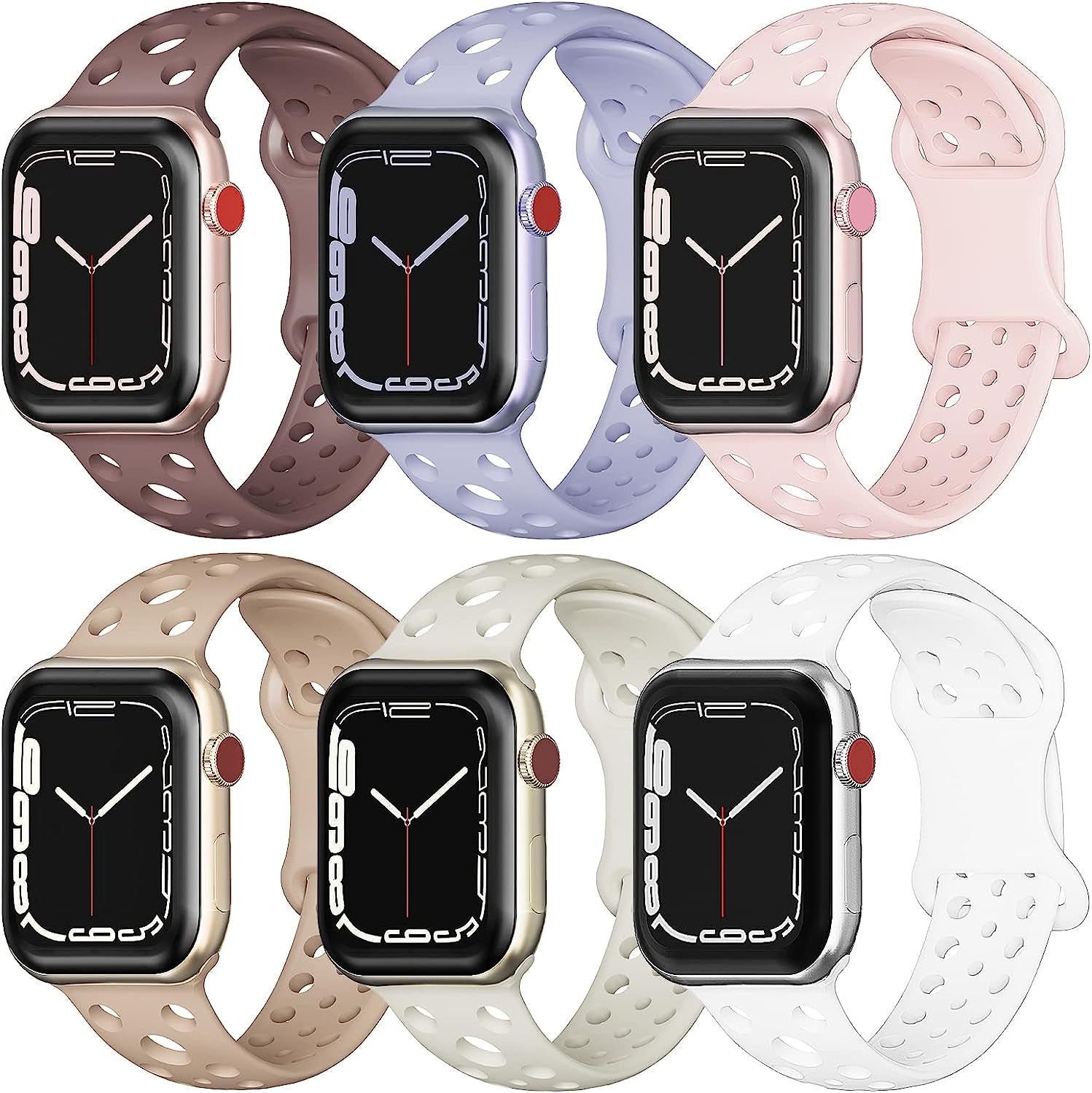 Wohben 6 Pack Sport Bands Compatible with Apple Watch Band 38Mm 40Mm 41Mm 42Mm 44Mm 45Mm Women Men, Breathable Soft Silicone Bands Waterproof Replacement Strap for Iwatch Series 7 6 5 4 3 2 1 SE  Wohben plum purple/lavender/sand pink/milk tea/starlight/white 42/44/45/49MM 