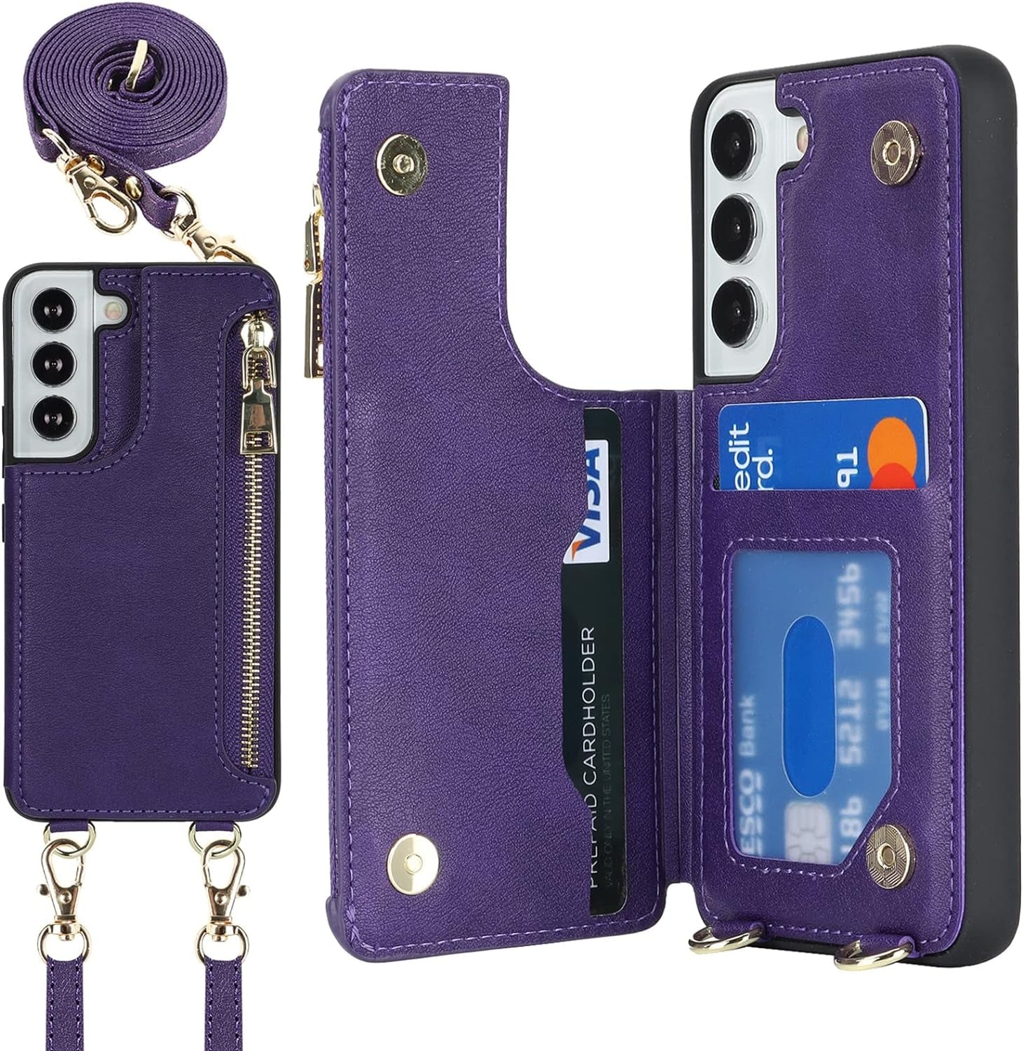 Jaorty Samsung Galaxy S22 5G Phone Case for Women with Card Holder,Samsung S22 Case Wallet Crossbody Lanyard with Strap,Credit Card Slots Kickstand Case with Ring Holder,6.1 Inch,Black  Jaorty Crossbody Flip Case- Purple  