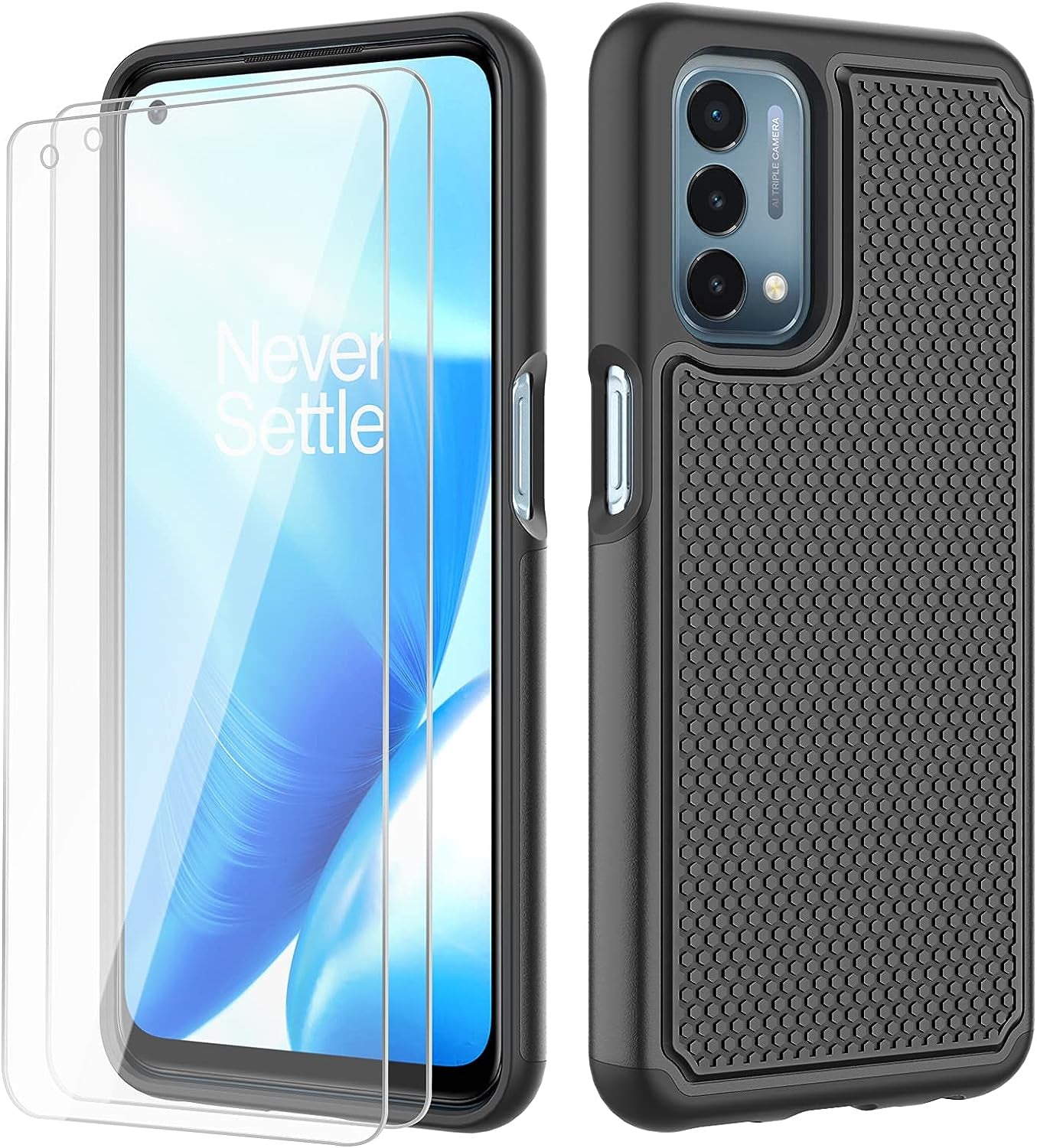 NTZW for Oneplus Nord N200 5G Case: Heavy Duty Shockproof Protective Phone Case [2 Tempered Glass Screen Protector] Anti-Slip Textured Hard Cover + Soft Silicone Rubber Bumper, Military Armor Case  NTZW Black  