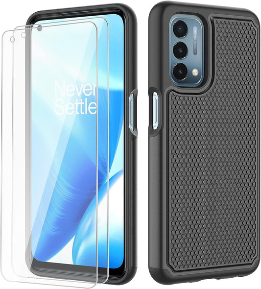 NTZW for Oneplus Nord N200 5G Case: Heavy Duty Shockproof Protective Phone Case [2 Tempered Glass Screen Protector] Anti-Slip Textured Hard Cover + Soft Silicone Rubber Bumper - Black  yanshichuang   