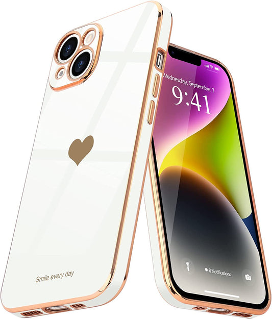 Teageo for Iphone 14 Case for Women Girl Cute Love Heart Luxury Electroplate Plating Soft Bling Back Cover Raised Full Camera Protection Bumper Silicone Shockproof Phone Case for Iphone 14, White  janzee White  