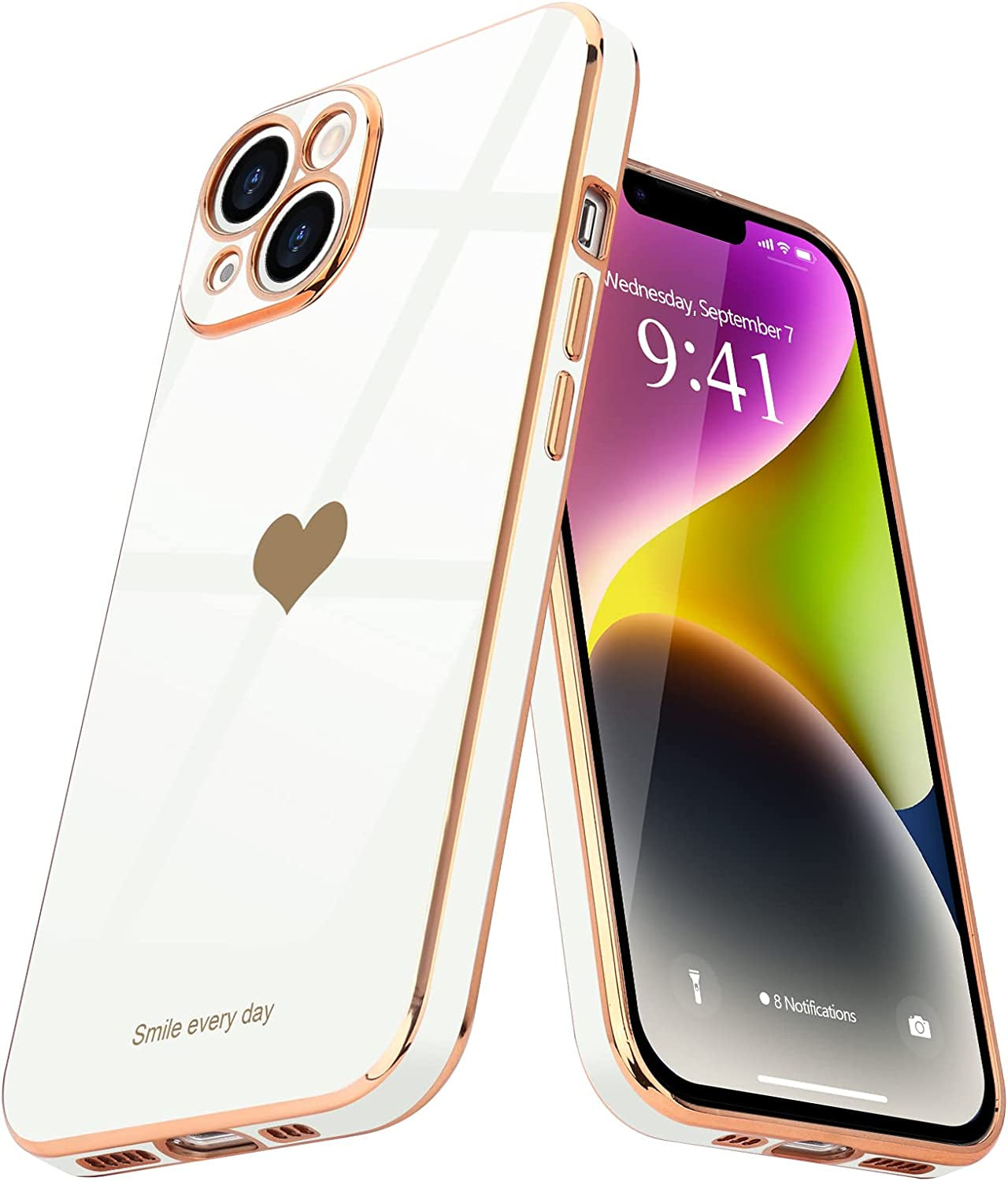 Teageo for Iphone 14 Case for Women Girl Cute Love Heart Luxury Plating Soft Bling Back Cover Raised Full Camera Protection Bumper Silicone Shockproof Phone Case for Iphone 14, Blackish Green  janzee White  