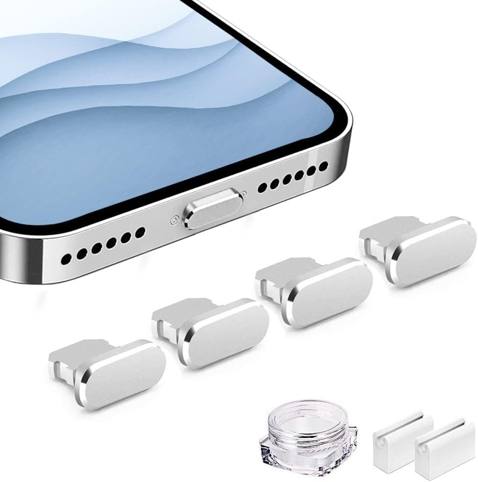 VIWIEU Metal anti Dust Plug Compatible with Iphone 14 13 12 11 X XS XR 8 7 SE Mini plus Pro Max Ipad Airpods, 2 Pack Lightning Charging Port Cover Protectors with Plug Holder and Storage Box (Black)  VIWIEU Silver Pack 4 PCS 