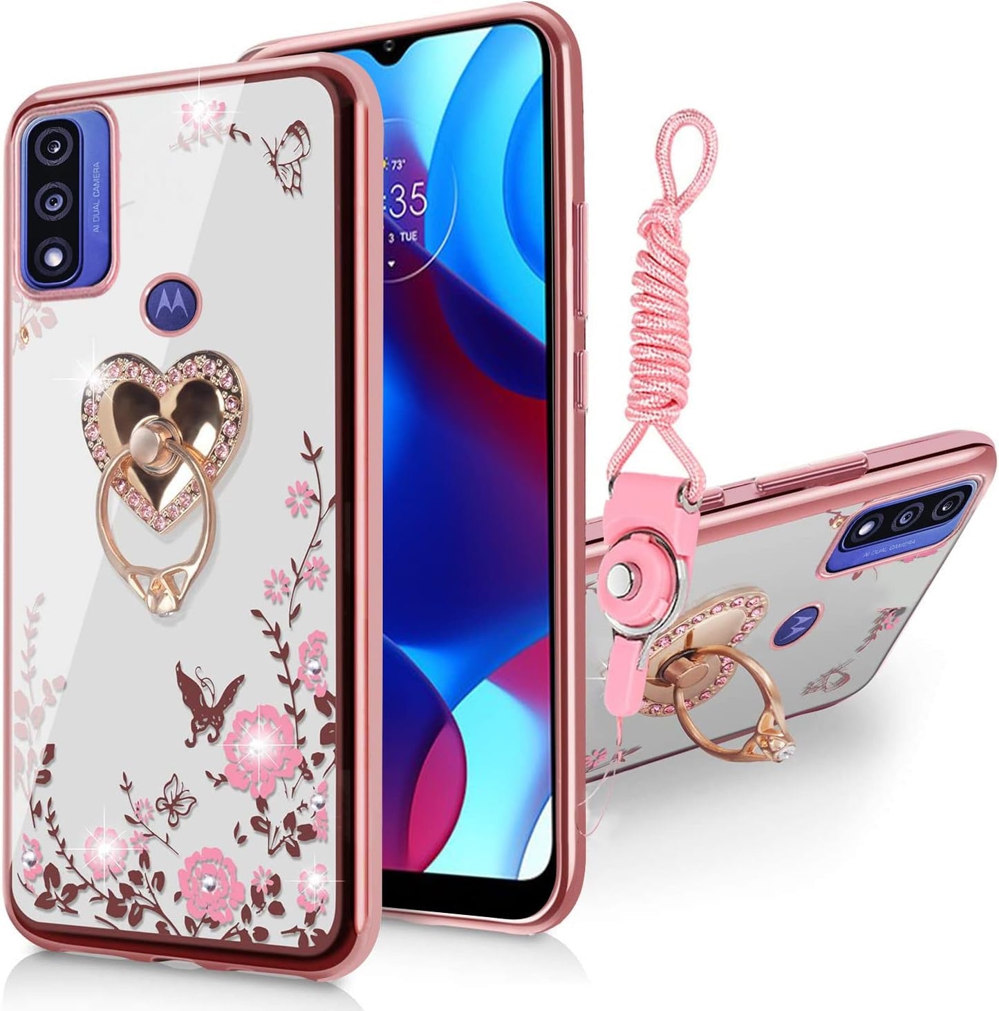 B-Wishy for Moto-G Pure Phone Case,Moto G-Power 2022 Case with Kickstand Ring Holder,Square Rivet for Girls Women Anti-Shock Slim Shockproof TPU Cover Phone Case for Moto G Play 2023(Y Black)  B-wishy Rose Gold  