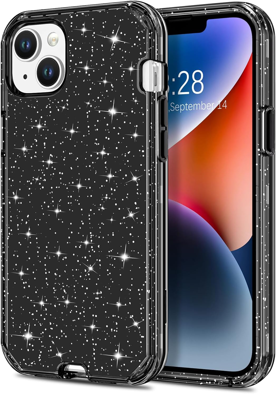 Hython for Iphone 14 plus Case, Heavy Duty Full-Body Defender Protective Phone Cases Glitter Bling Sparkle Hard Shell Hybrid Shockproof/Drop Proof 3-Layer Military Rubber Bumper Cover for Women Girls  Hython Black Glitter-1  