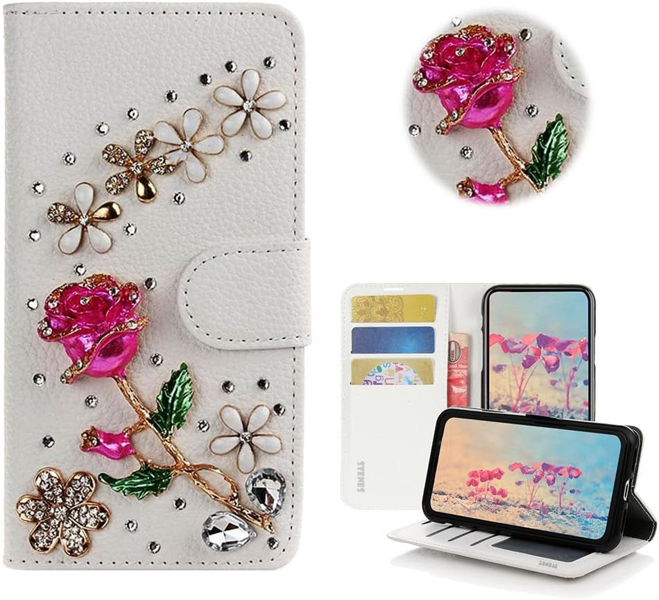 STENES LG G6 Case, LG G6 plus Case - Stylish - 3D Handmade Bling Crystal Butterfly Flowers Floral Wallet Credit Card Slots Fold Stand Leather Cover Case for LG G6/LG G6 plus - Blue  STENES Rose Flowers Floral / Red  