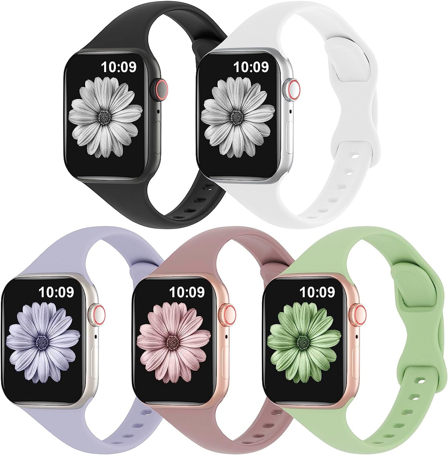 TSAAGAN 5 Pack Silicone Slim Bands Compatible with Apple Watch Band 38Mm 42Mm 40Mm 44Mm 41Mm 45Mm 49Mm, Soft Narrow Sport Strap Thin Wristband for Iwatch Ultra Series 8/7/SE/6/5/4/3/2/1 Women Men  TSAAGAN Black/White/Lavender Grey/Smoke Violet/Mint 42/44/45/49mm 