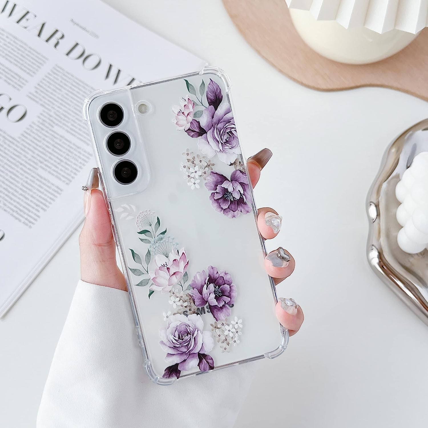 DEFBSC Soft Case Compatible with Samsung Galaxy S22 Plus, Clear Floral Flower Pattern Print Design Flexible TPU Shockproof Cover for Women Girls,Flower Protective Phone Case, White Pear Blossom  DEFBSC Purple Peony Samsung Galaxy S22 Plus 