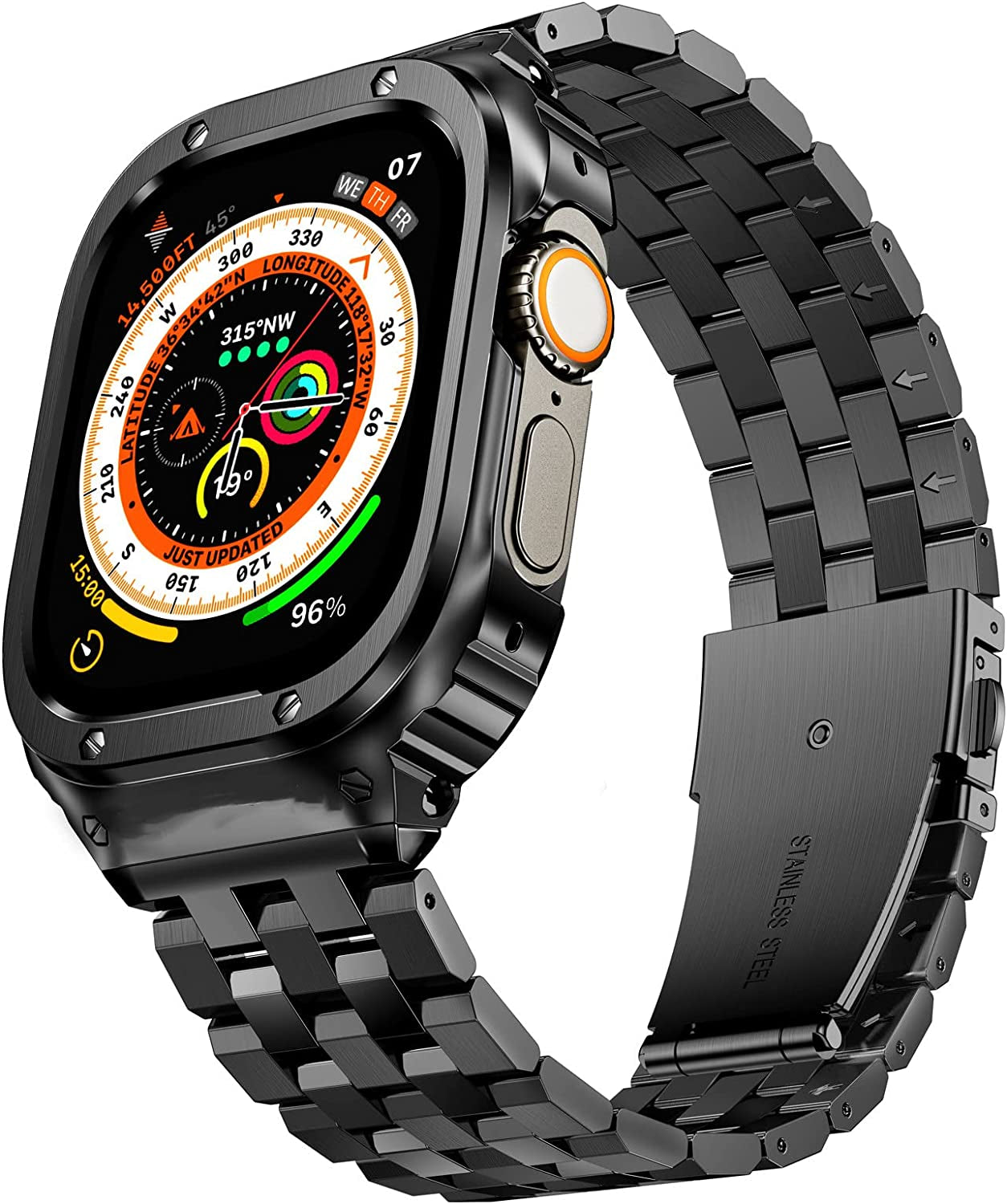 SUPLINK Stainless Steel Case with Band Compatible Apple Watch Bands 40Mm/41Mm/44Mm/45Mm/49Mm,Metal Rugged Protector Cover Bumper Strap for Iwatch Ultra Series 8/7/6/5/4/SE for Men  SUPLINK Black-49 49mm(Ultra) 