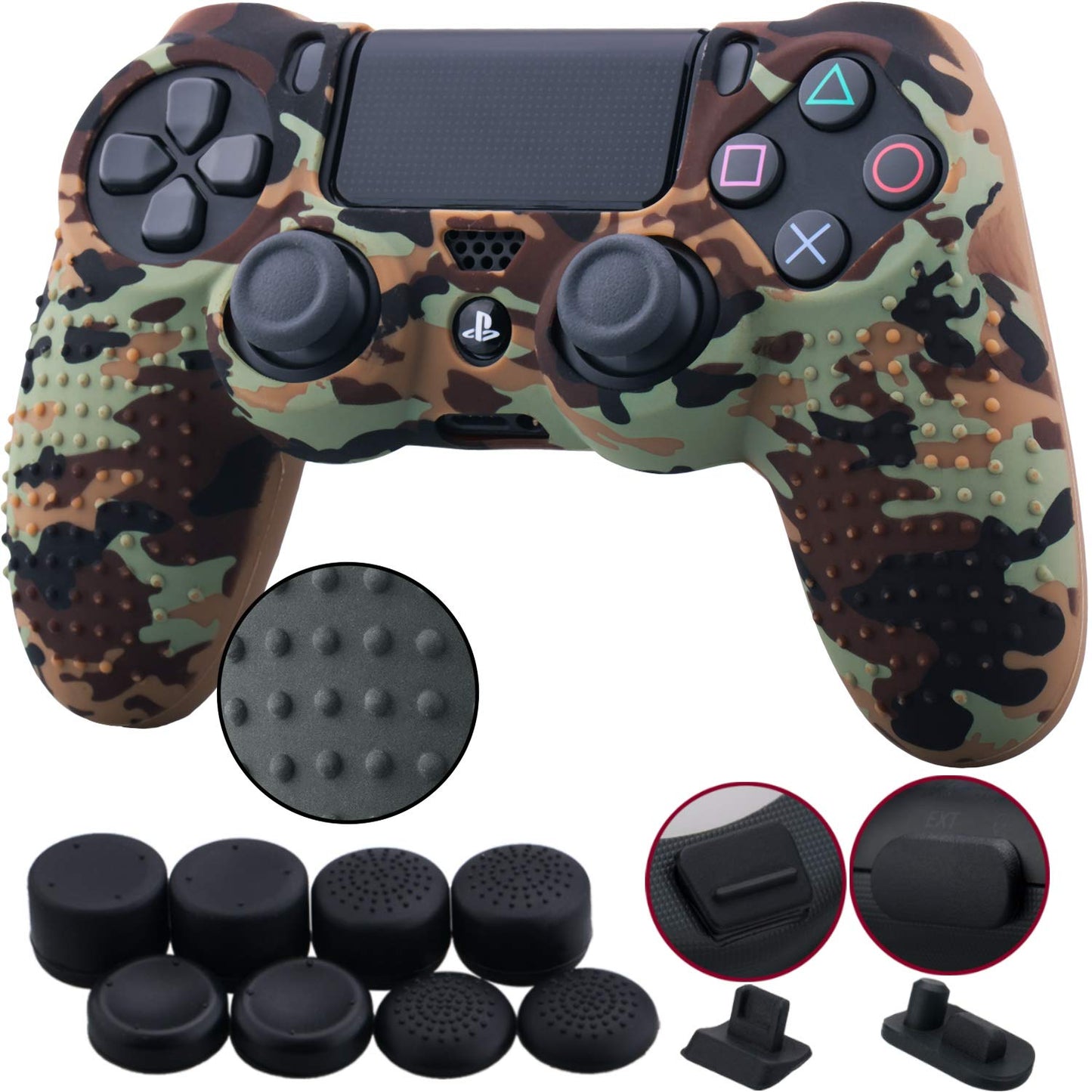 9Cdeer 1 Piece of Silicone Studded Water Transfer Protective Sleeve Case Cover Skin + 8 Thumb Grips Analog Caps + 2 Dust Proof Plugs for Ps4/Slim/Pro Dualshock 4 Controller, Skull Red  9CDeer Leaves Black print 