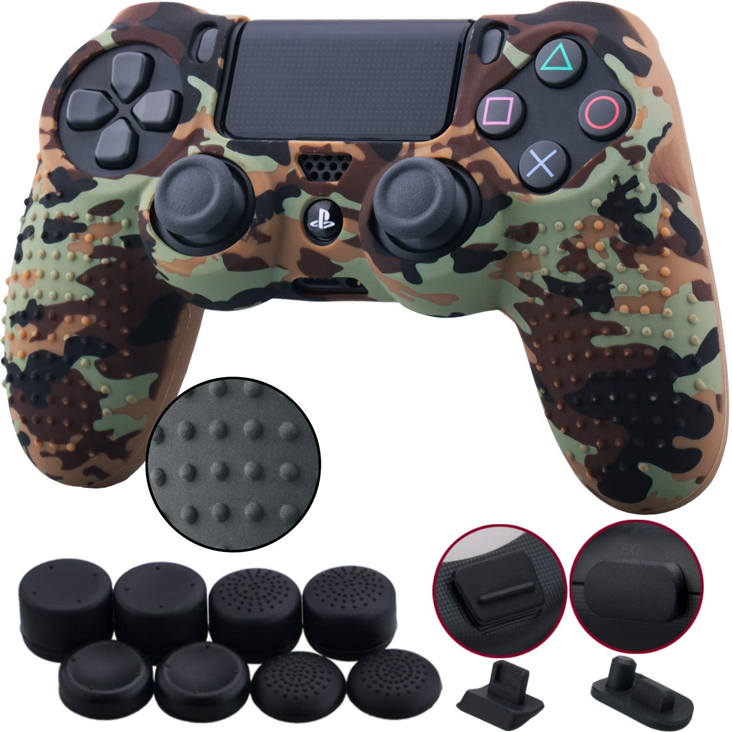 9Cdeer 1 Piece of Silicone Studded Water Transfer Protective Sleeve Case Cover Skin + 8 Thumb Grips Analog Caps + 2 Dust Proof Plugs for Ps4/Slim/Pro Dualshock 4 Controller, Skull Red  9CDeer Leaves Black print 