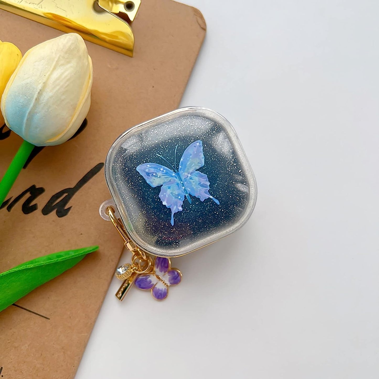 AOLABOKY Earphone Case for Samsung Galaxy Buds Live/Buds Pro/Buds 2/Buds2 Pro Charging Box,Beautiful Butterfly Shiny Transparent Headset Protective Case with Keychain (Purple)  AOLABOKY   