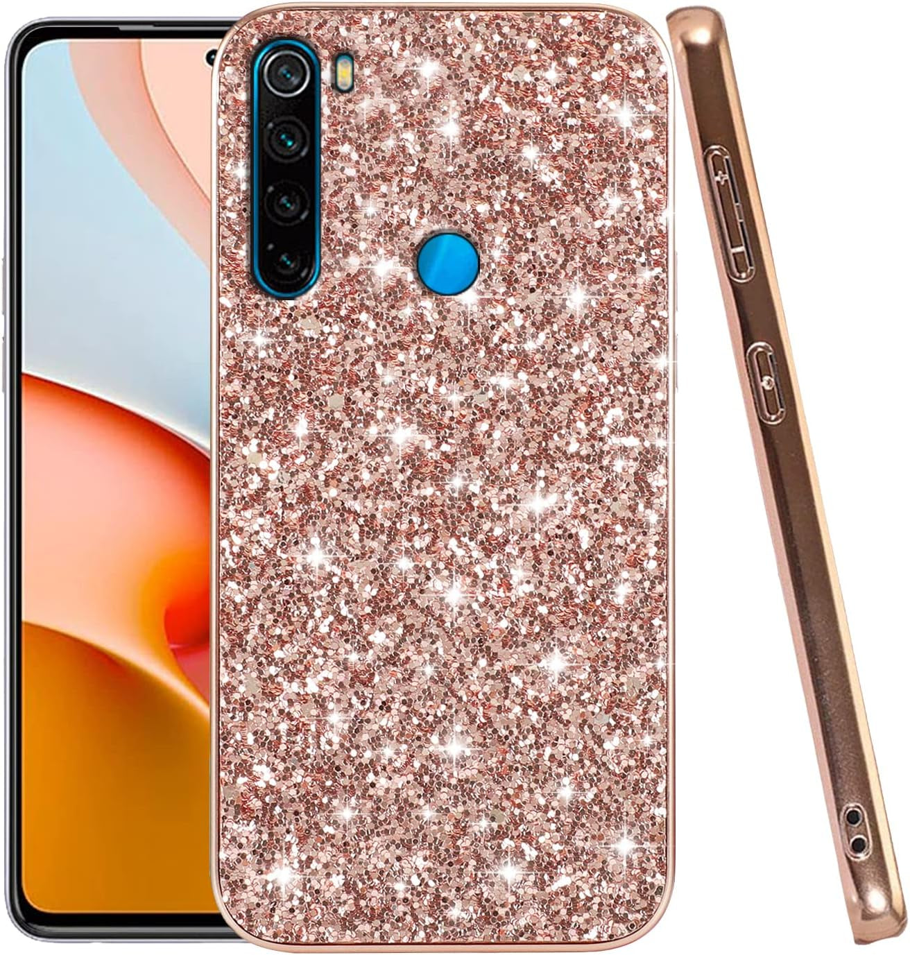 Compatible with Xiaomi Redmi Note 8 Case Glitter Shockproof,Redmi Note 8 Phone Case Bling Sparkly Soft TPU and PC Silicone Shiny Girl Women Thin Protective Cover (Blue)  Wousunly Rose Gold  