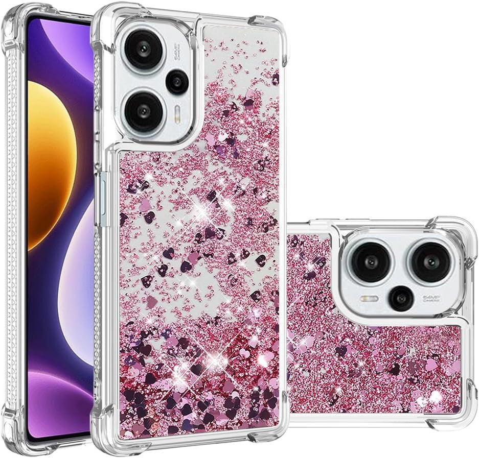 LEMAXELERS Case for Xiaomi Poco F5 5G, Bling Glitter Liquid Clear Case Floating Quicksand Shockproof Protective Sparkle Silicone Soft TPU Case for Xiaomi Poco F5 5G. YBL Love Rose  LEMAXELERS Love-7 Xiaomi Poco F5 5G 