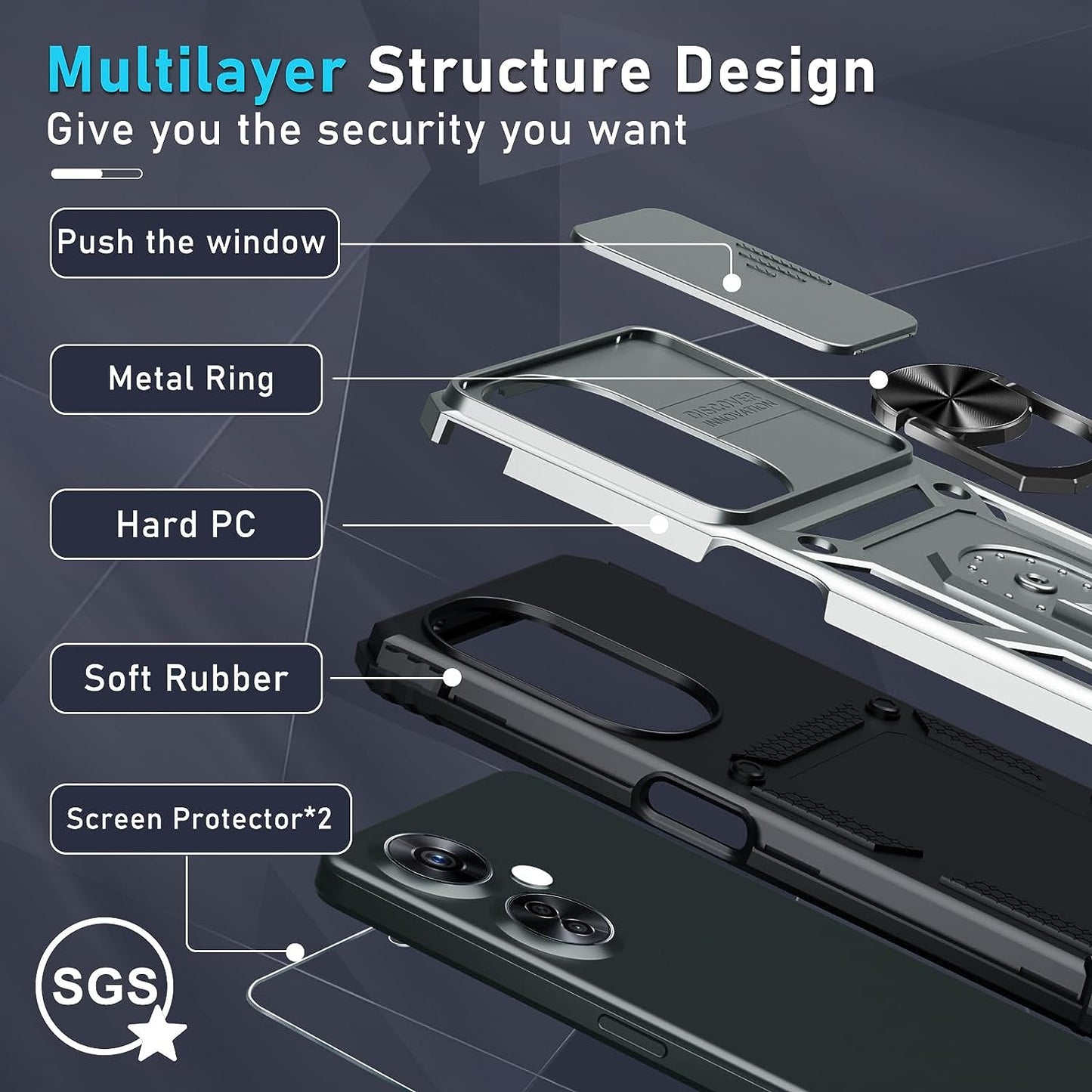 Janmitta Oneplus Nord N30 5G Case Built in Slide Camera Lens Cover+Screen Protector+Finger Ring Holder Kickstand,Heavy Duty Shockproof Full Body Protective Phone Cover,2023 Silver  Janmitta   