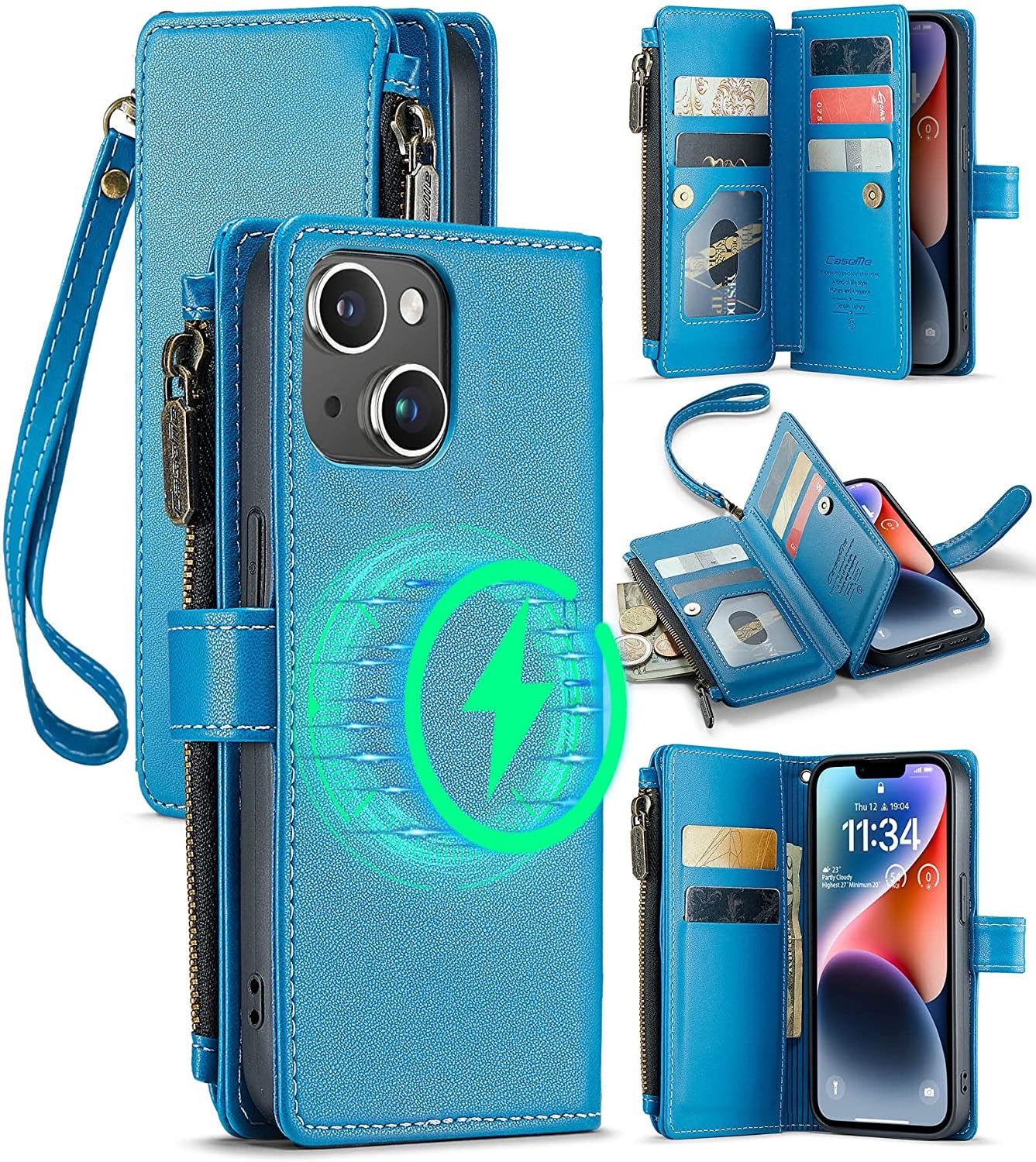 FLIPALM Wallet Case for Iphone 14 Pro(6.1") Flip Case,Compatible with Magsafe Charger,Pu Leather Zipper Protective Lanyard Strap Wristlet Case with Magnetic Closure and Card Holder Luxury Coffee  FLIPALM Blue iPhone 14 