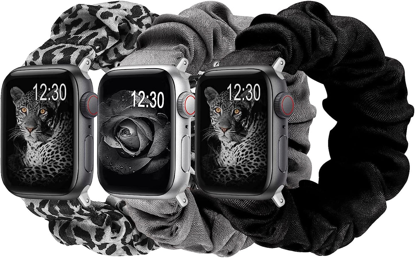 TOYOUTHS 3 Packs Compatible with Apple Watch Band Scrunchies 49Mm(Ultra)/45Mm/44Mm/42Mm Cloth Soft Pattern Printed Fabric Bracelet Women Iwatch Elastic Scrunchy Band Series SE 8 7 6 5 4 3 2 1 S/M  TOYOUTHS Grey/Black/Black Leopard 41/40/38mm M/L(6.0" - 6.9" Wrist) 