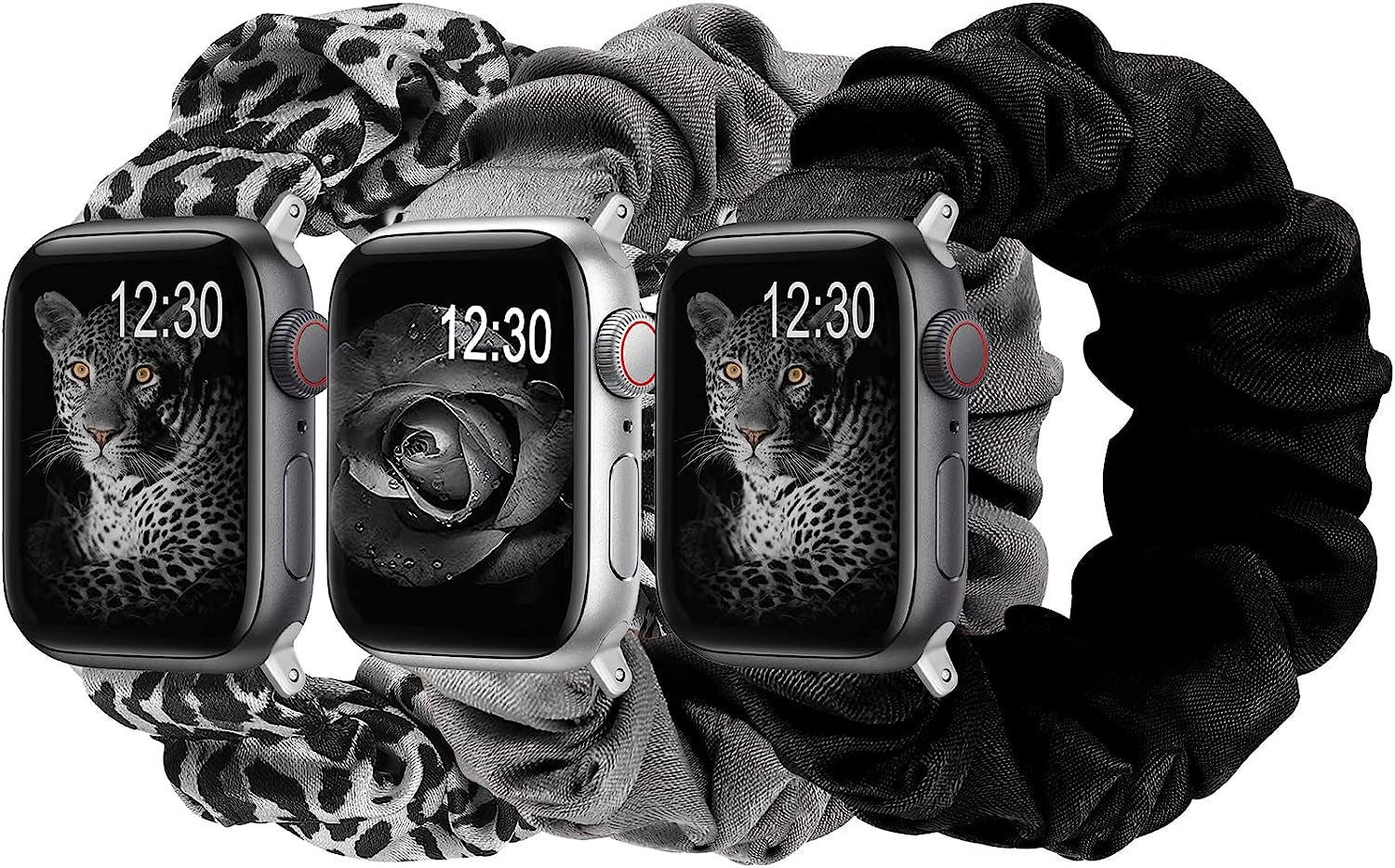TOYOUTHS 3 Packs Compatible with Apple Watch Band Scrunchies 49Mm(Ultra)/45Mm/44Mm/42Mm Cloth Soft Pattern Printed Fabric Bracelet Women Iwatch Elastic Scrunchy Band Series SE 8 7 6 5 4 3 2 1 S/M  TOYOUTHS Grey/Black/Black Leopard 41/40/38mm M/L(6.0" - 6.9" Wrist) 