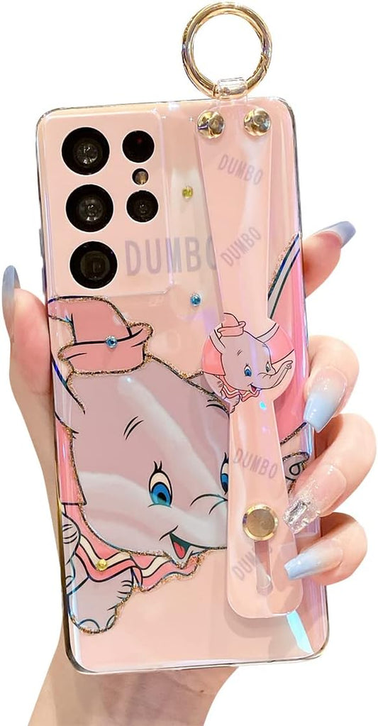 Meishangmei for Samsung Galaxy S21 Ultra Case 6.8" Sparkle Bling with Strap Stand Cute Pattern IMD Design Silicone Shockproof Protective Glitter Cases Cover for Girls and Women - Pink Dumbo  Meishangmei   