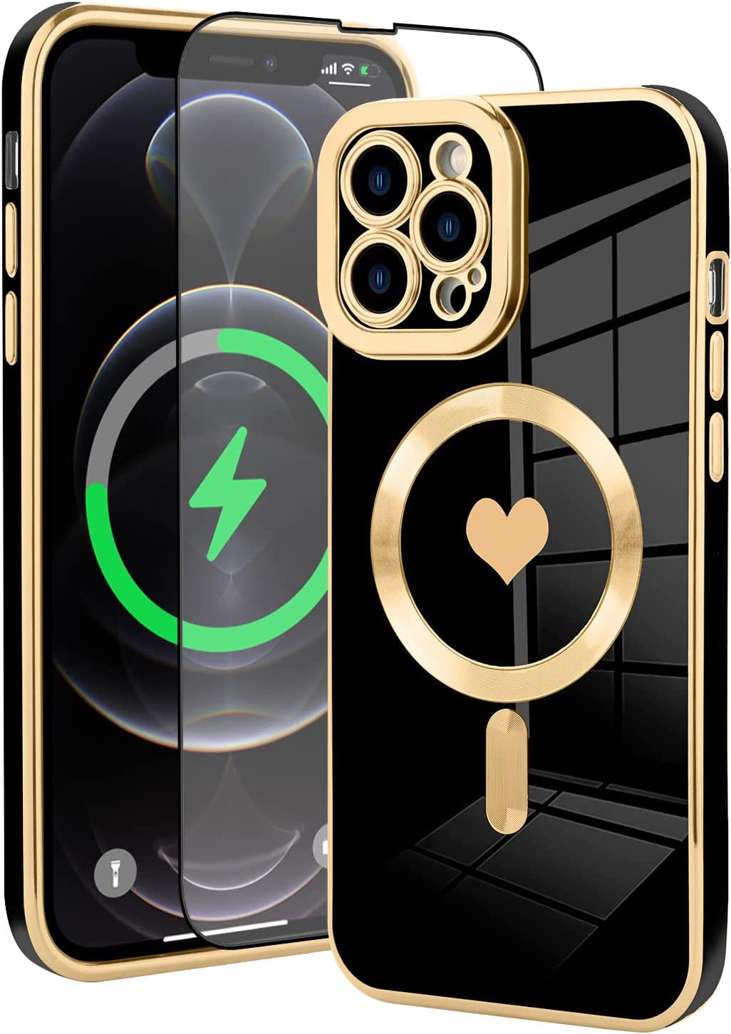 Fiyart Magnetic Case for Iphone 12 Pro Max Compatible with Magsafe Wireless Charging,Cute Love Heart Phone Case with Camera Screen Protector for Women Girls Men for Iphone 12 Pro Max 6.7"- White  Fiyart Black Love Heart  