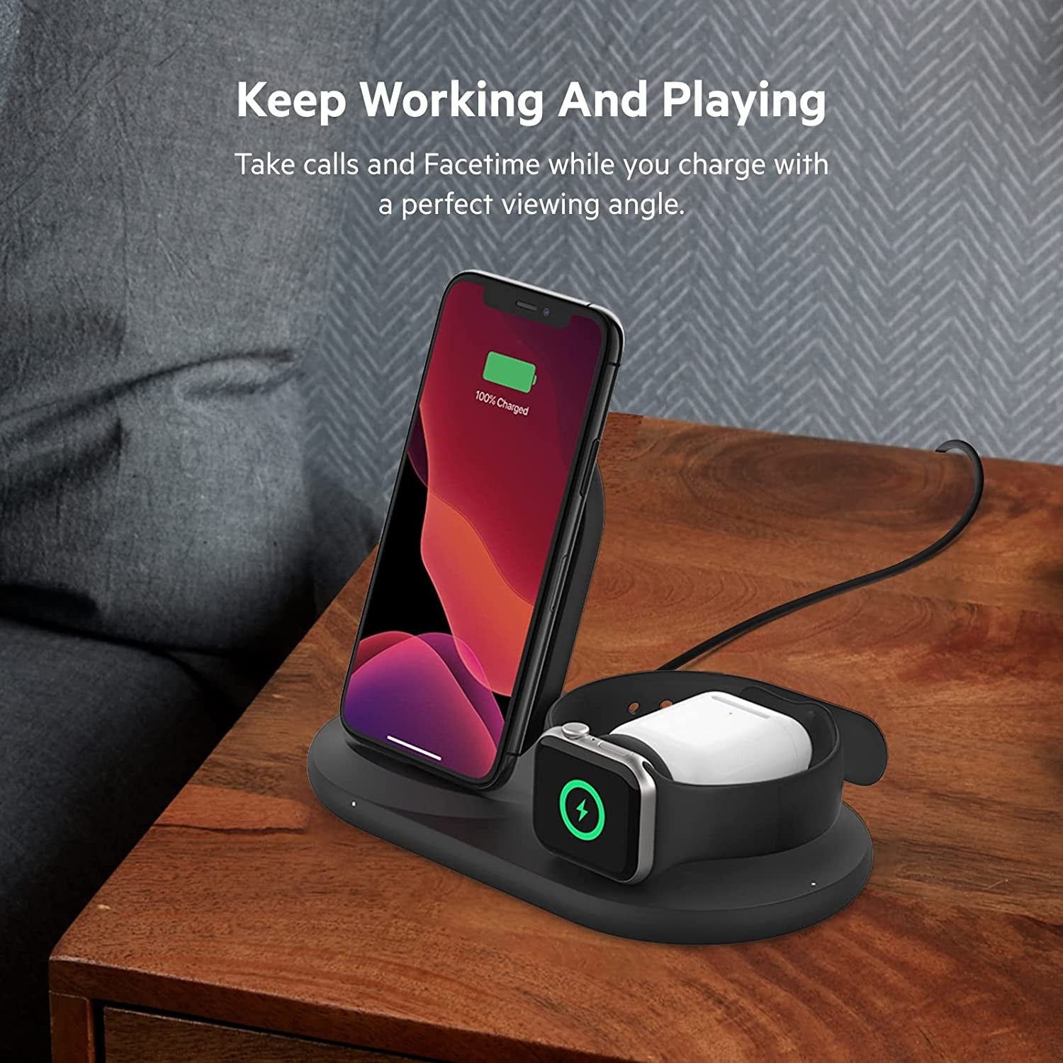 Belkin 3-In-1 Wireless Charger - Fast Wireless Charging Stand for Apple Iphone, Apple Watch & Airpods - Iphone Case Compatible Qi Charger - Wireless Charging Station for Multiple Devices - Black  Belkin   
