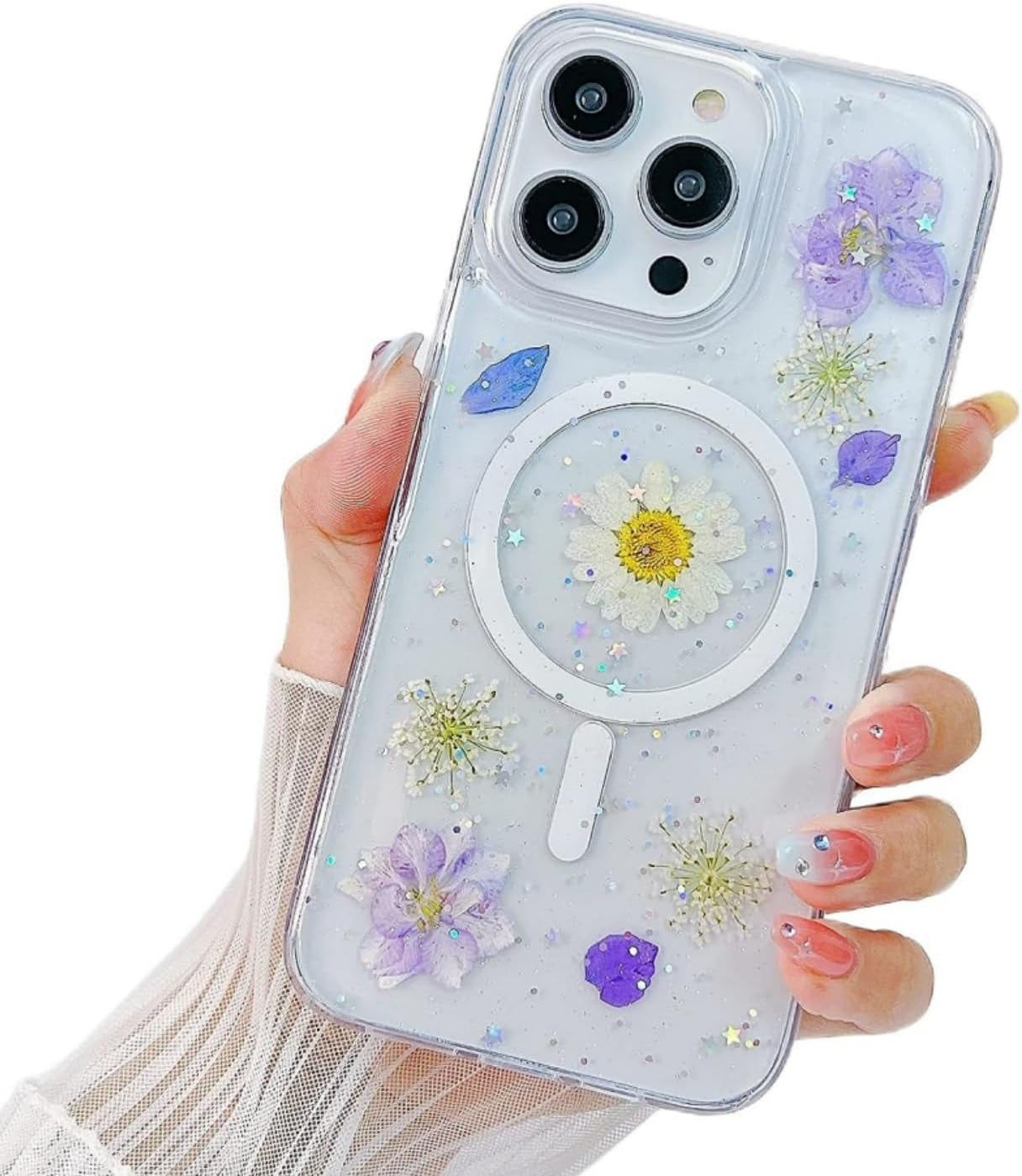 Ytanazing Magnetic Floral Case for Iphone 14 Pro Max [Compatible with Magsafe], Real Flowers Glitter Design Aesthetic Slim Shockproof Protect Sparkle Unique Silicone Phone Cover for Women Girls(Gold)  YTanazing Purple  