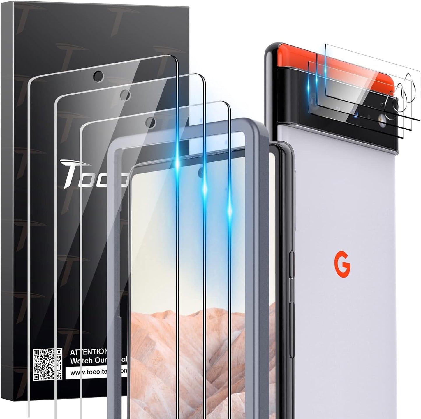 TOCOL [3+3 Pack Compatible for Google Pixel 6 5G 6.4''- 3 Pack Tempered Glass Screen Protector & 3 Pack Glass Camera Lens Protector, Case Friendly, Anti-Scratch [Alignment Tool] [Fingerprint Unlock]  TOCOL   