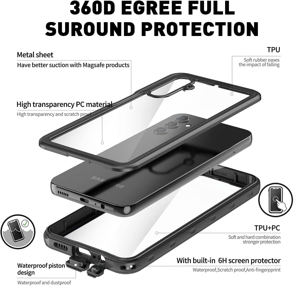 Aicase for Samsung Galaxy A14 5G Case Waterproof, Clear Water Proof Shockproof Dustproof Snowproof Full Body Rugged Transparent Underwater Phone Case for Galaxy A14 5G Built-In Screen Protector  AICase   
