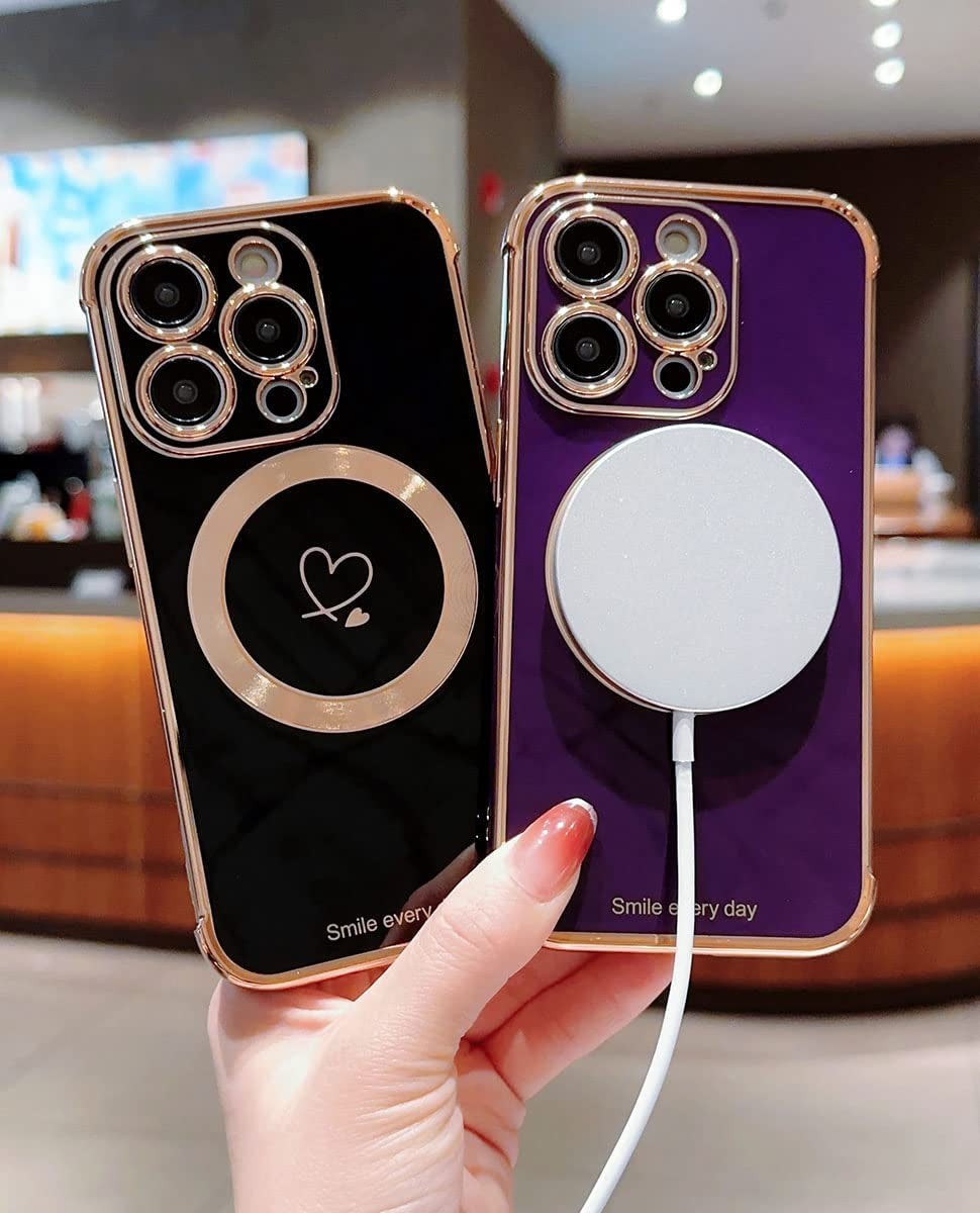 Hosgor Compatible with Magsafe Iphone 14 Pro Case for Women, Luxury Plating Cute Heart with Magnetic Wirless Charging Design Soft TPU Shockproof Bumper Case for Iphone 14 Pro 6.1Inch - (Deep Purple)  Hosgor   