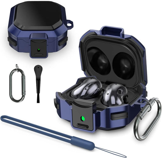 With Lockarmor Cover for Galaxy Buds Pro Case/Galaxy Buds 2 Case/Galaxy Buds Live Case,Shockproof PC+TPU Protective Cover with Keychain&Wrist Strap&Brush(Blue)  YIPINJIA   