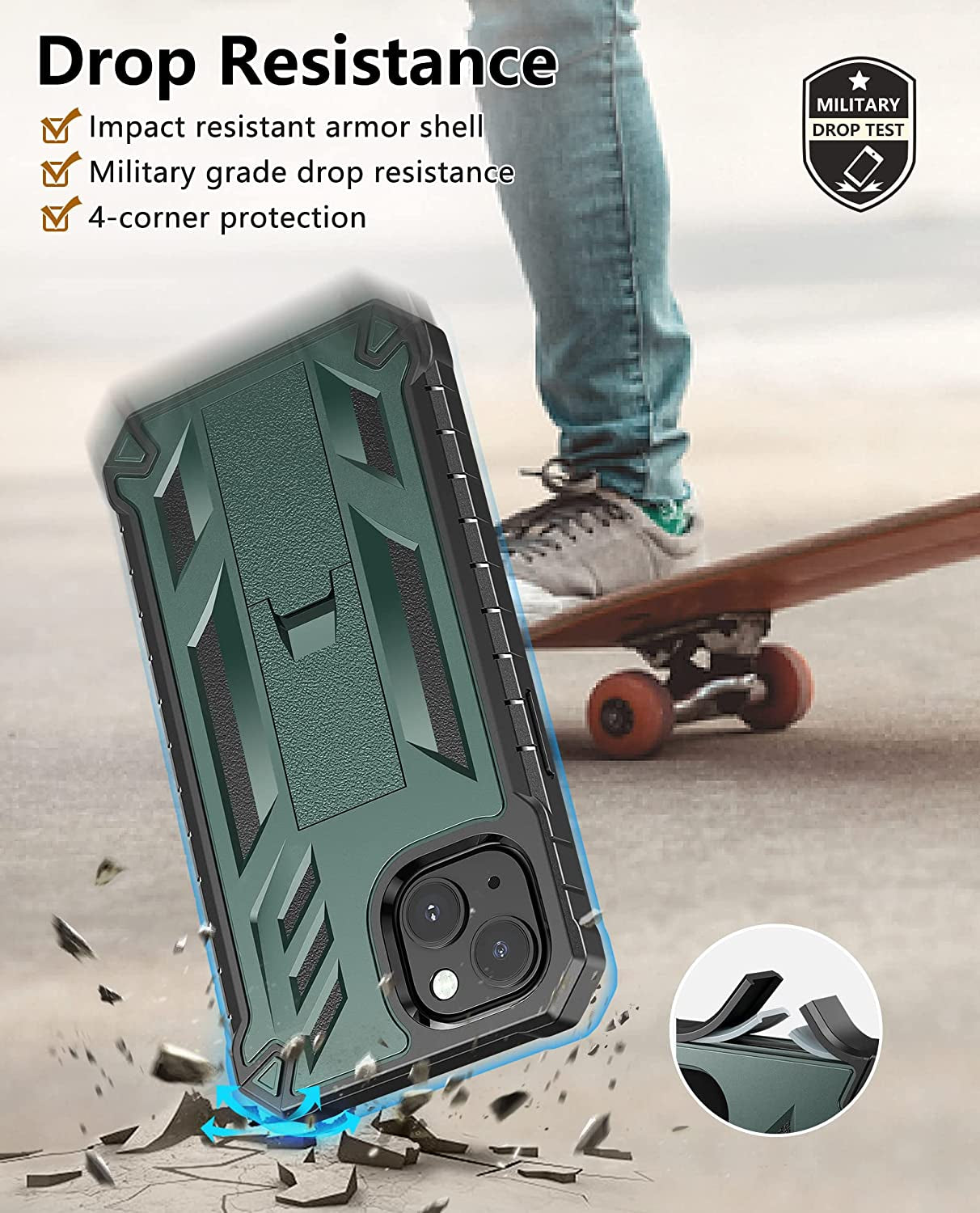 For Iphone 13 Case Protective Cover: Iphone 14 Case Heavy Duty Military Grade Hard Protection Shock Proof Grip | Durable Dual-Layer Design Iphone 13-14 Phone Case with Built-In Kickstand Aqua  DAMAI   