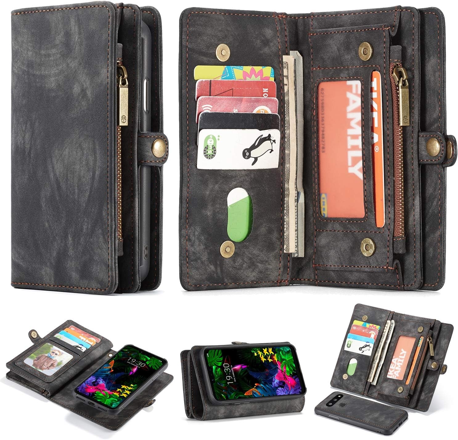 Simicoo LG G8 Thinq Leather Wallet Zipper Purse Detachable Card Slots Holder Flip Case Magnetic Wrist Strap Handle Shockproof Cover Pocket Wallet Handbag for LG G8 Thinq (Black, LG G8 Thinq)  Simicoo   