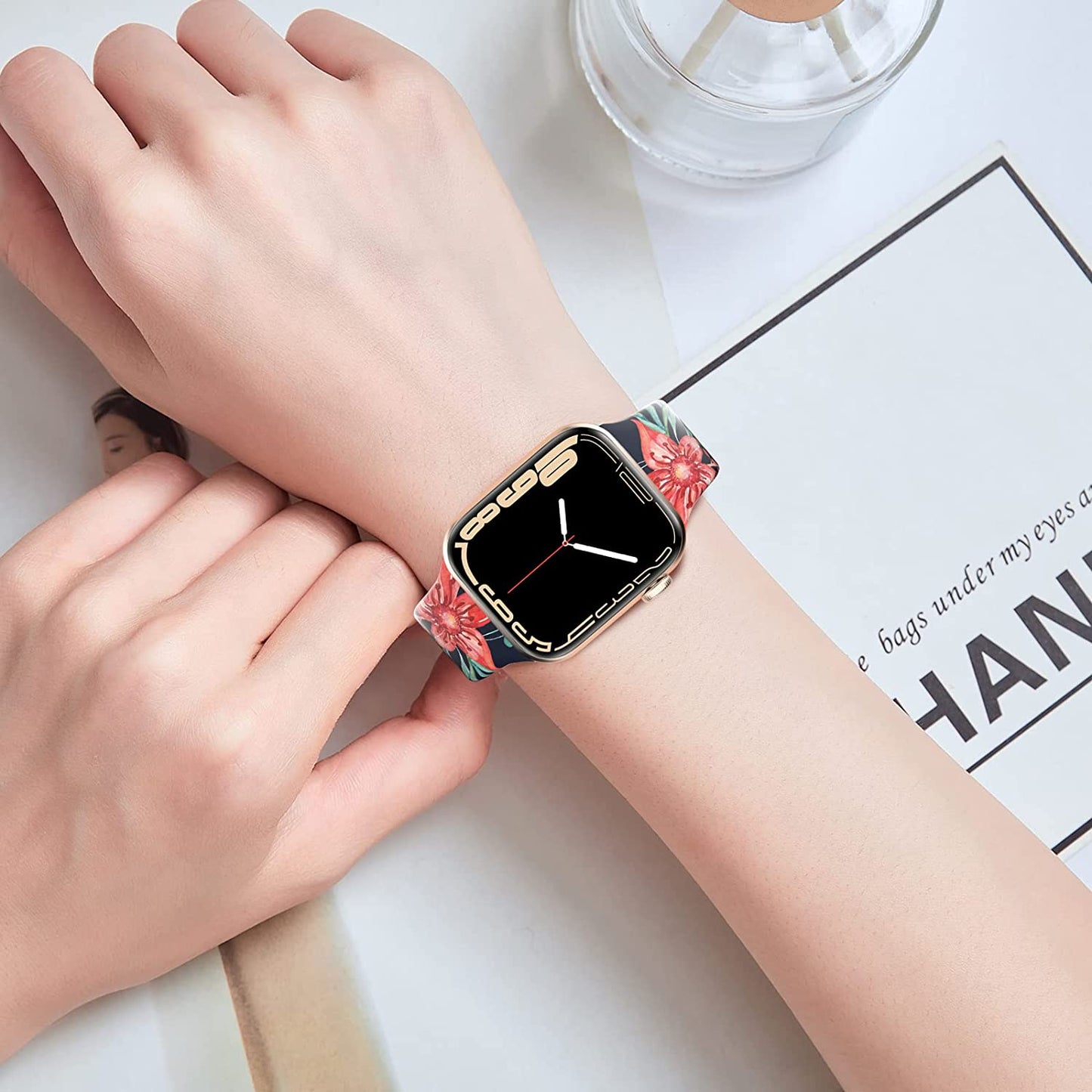 Floral Apple Watch Bands 38Mm 40Mm 41Mm 42Mm 44Mm 45Mm for Women Men, Soft Silicone Sport Replacement Watch Band Flower Design Breathable Slim Strap Wristband for Iwatch Series SE 7 6 5 4 3 2 1 Band  HONEYBABY   