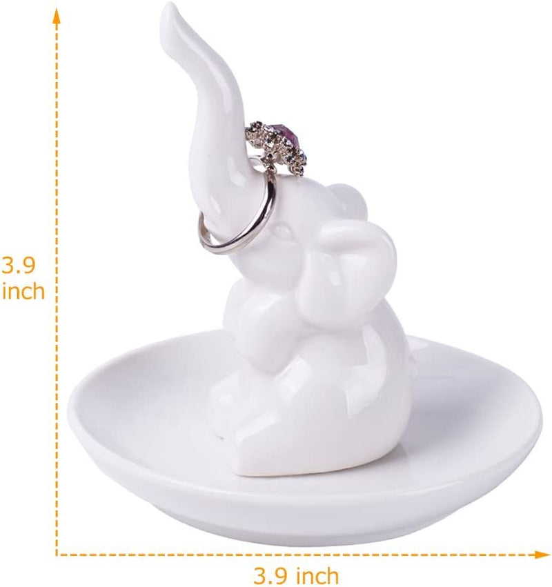 HOME SMILE Elephant Ring Dish Holder for Jewelry,Elephant Gifts for Women Chritsmas,Engagement Wedding Trinket Trays,Ceramic White  QY   