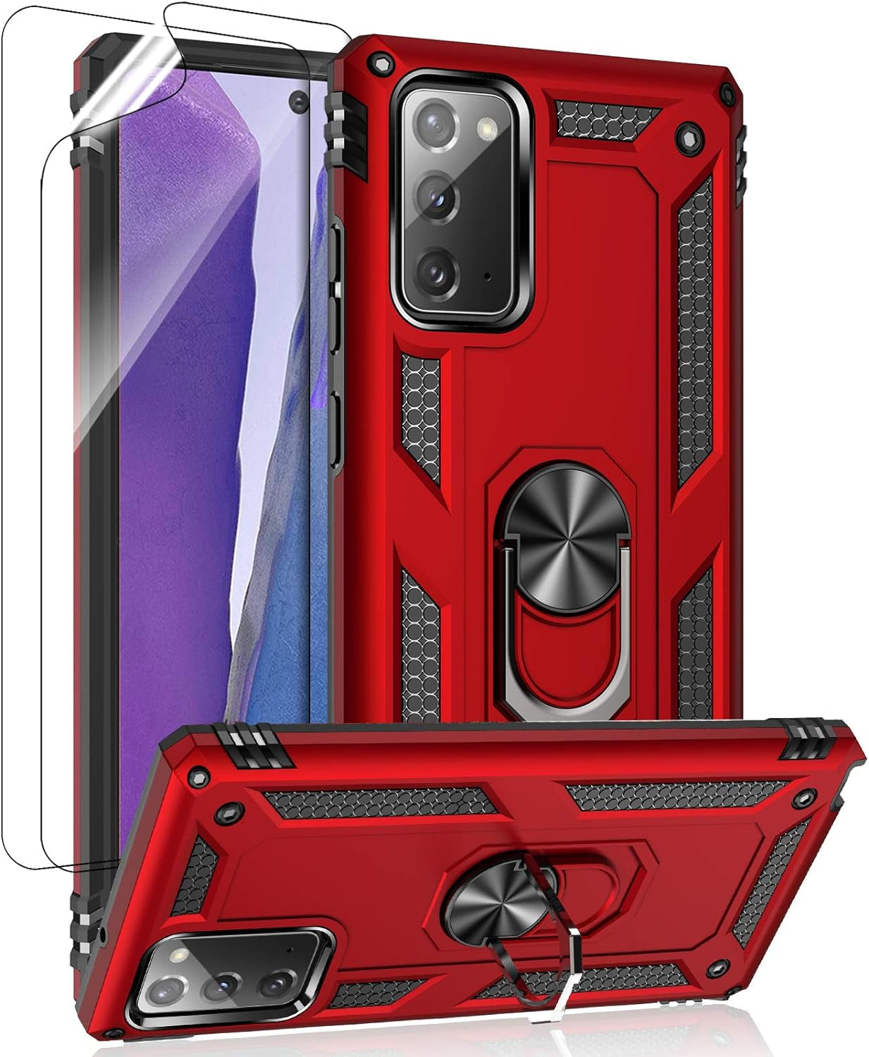 Samsung Galaxy Note 20 Case, Note20 5G Case with HD Screen Protectors, Androgate Military-Grade Metal Ring Holder Kickstand 15Ft Drop Tested Shockproof Cover Case for Samsung Galaxy Note 20 Teal  E&M Tek Red  