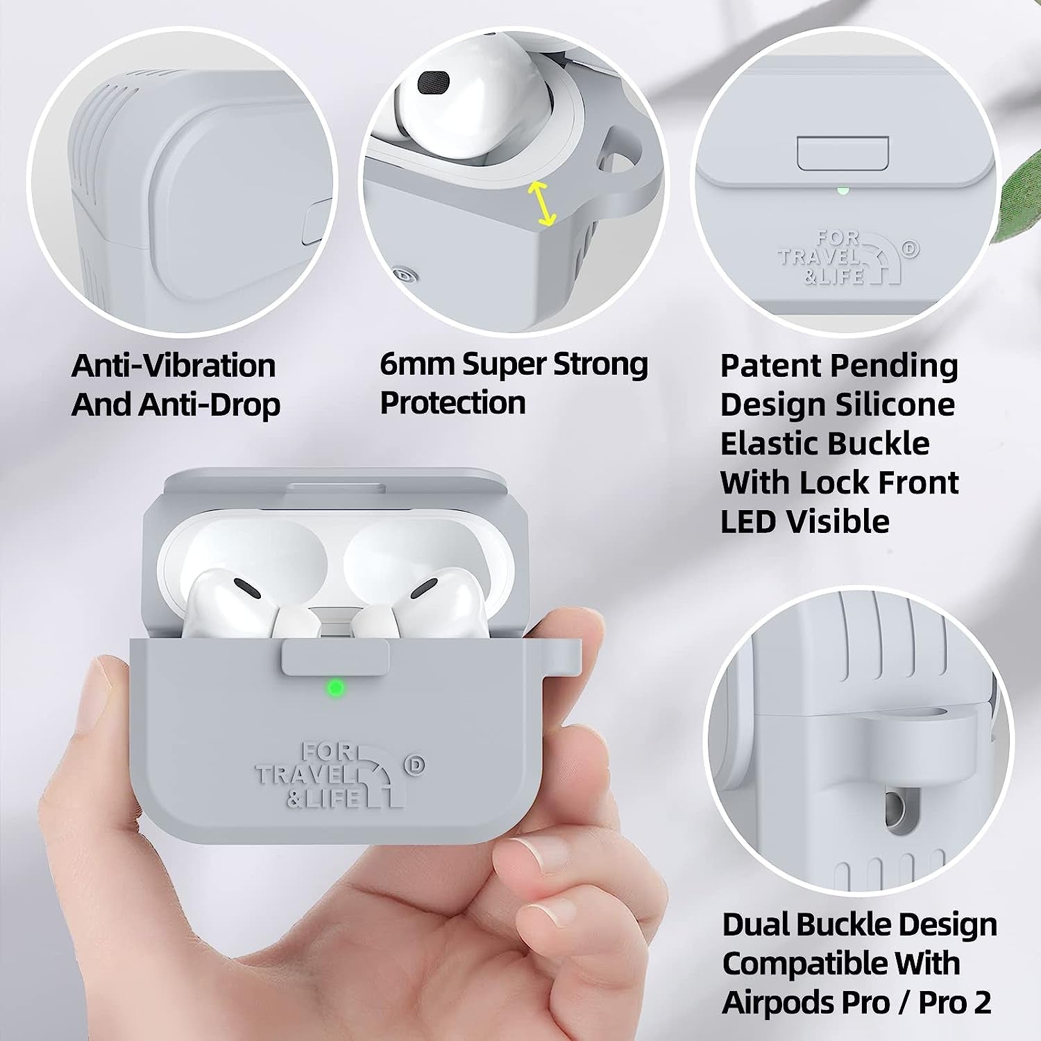 Airpods Pro 2Nd/1St Generation Case Cover,Secure Lock Full Protective Silicone Skin Accessories for Women Men with Apple Airpods Pro 2022/2019 Charging Case,Design by Doboli,Gray  Doboli   