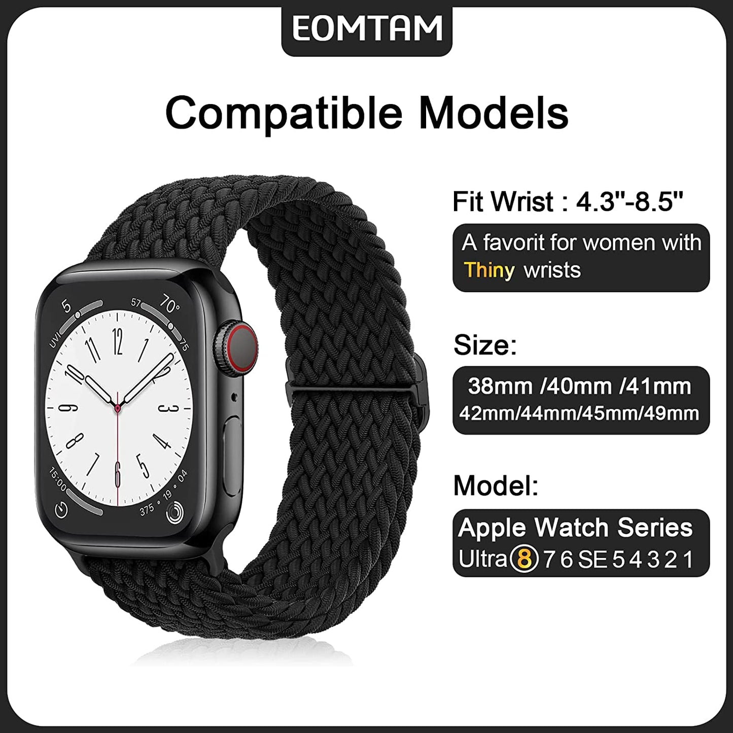 EOMTAM 5 Pack Braided Stretchy Adjustable Straps Compatible for Apple Watch Band 38Mm 40Mm 41Mm 42Mm 44Mm 45Mm 49Mm for Women Men ,Sport Elastic Nylon Cloth Wristbands for Iwatch Series Ultra 8 SE 7 6 5 4 3  EOMTAM   