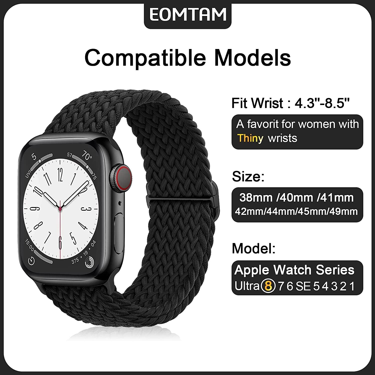 EOMTAM 5 Pack Braided Stretchy Adjustable Straps Compatible for Apple Watch Band 38Mm 40Mm 41Mm 42Mm 44Mm 45Mm 49Mm for Women Men ,Sport Elastic Nylon Cloth Wristbands for Iwatch Series Ultra 8 SE 7 6 5 4 3  EOMTAM   