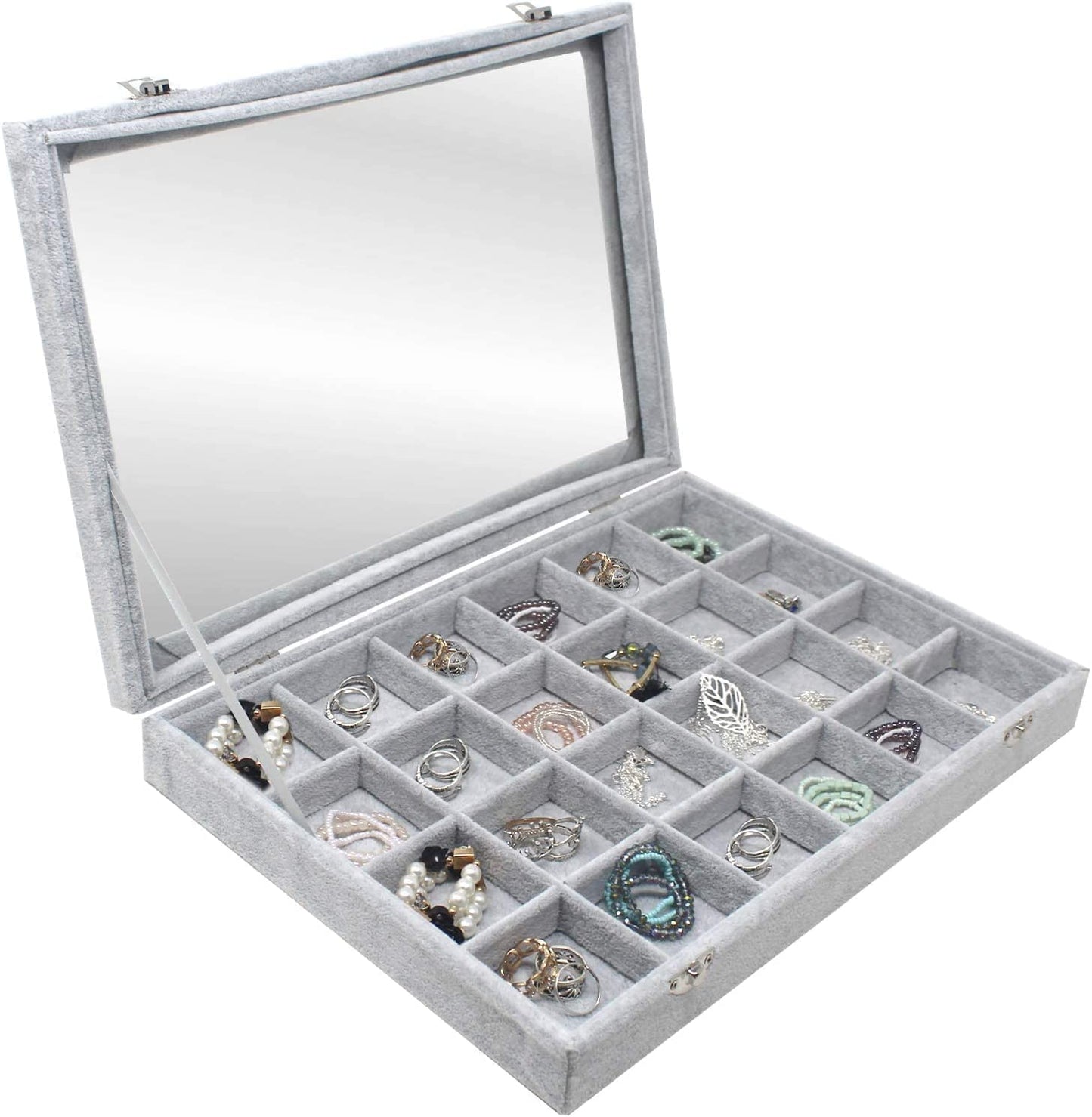 Ring Organizer Box with Transparent Lid ~ Ring Holder Showcase for Store Display, Jewelry Show & Home ~ Jewelry Tray Organizer for Rings, Studs & Earrings (Black)  Hivory Grey 24 Grid  
