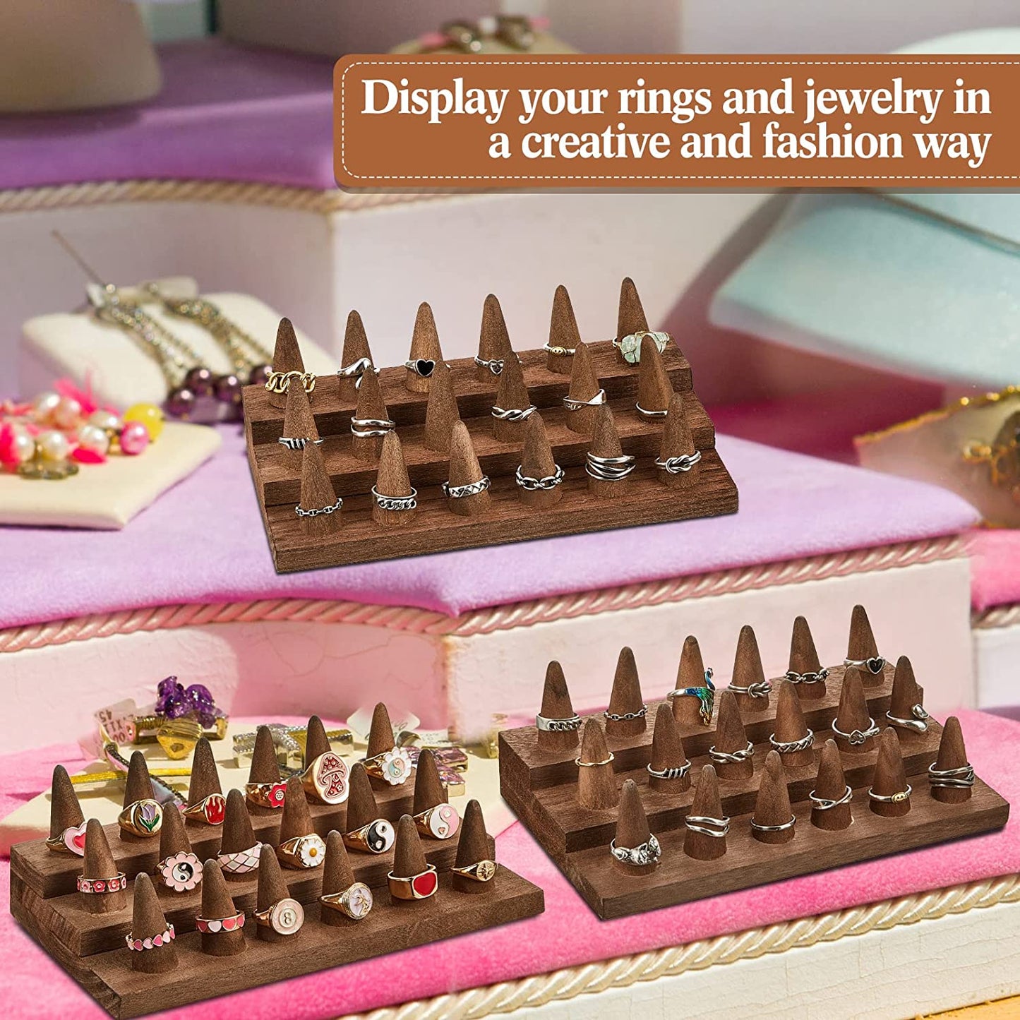 Juexica 4 Pcs Wood Ring Display 18 Fingers Wood Ring Holder Ring Finger Display Ring Display for Selling Wood Jewelry Display for Ring Organizer Show Storage  Juexica   