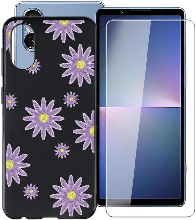 WIMSPEED Black Soft TPU Bumper Phone Case for Sony Xperia 5 V (6.1") with 1 X Tempered Glass Screen Protector, Slim Silicone Shockproof Cover for Sony Xperia 5 V - Purple Flower  WIMSPEED   